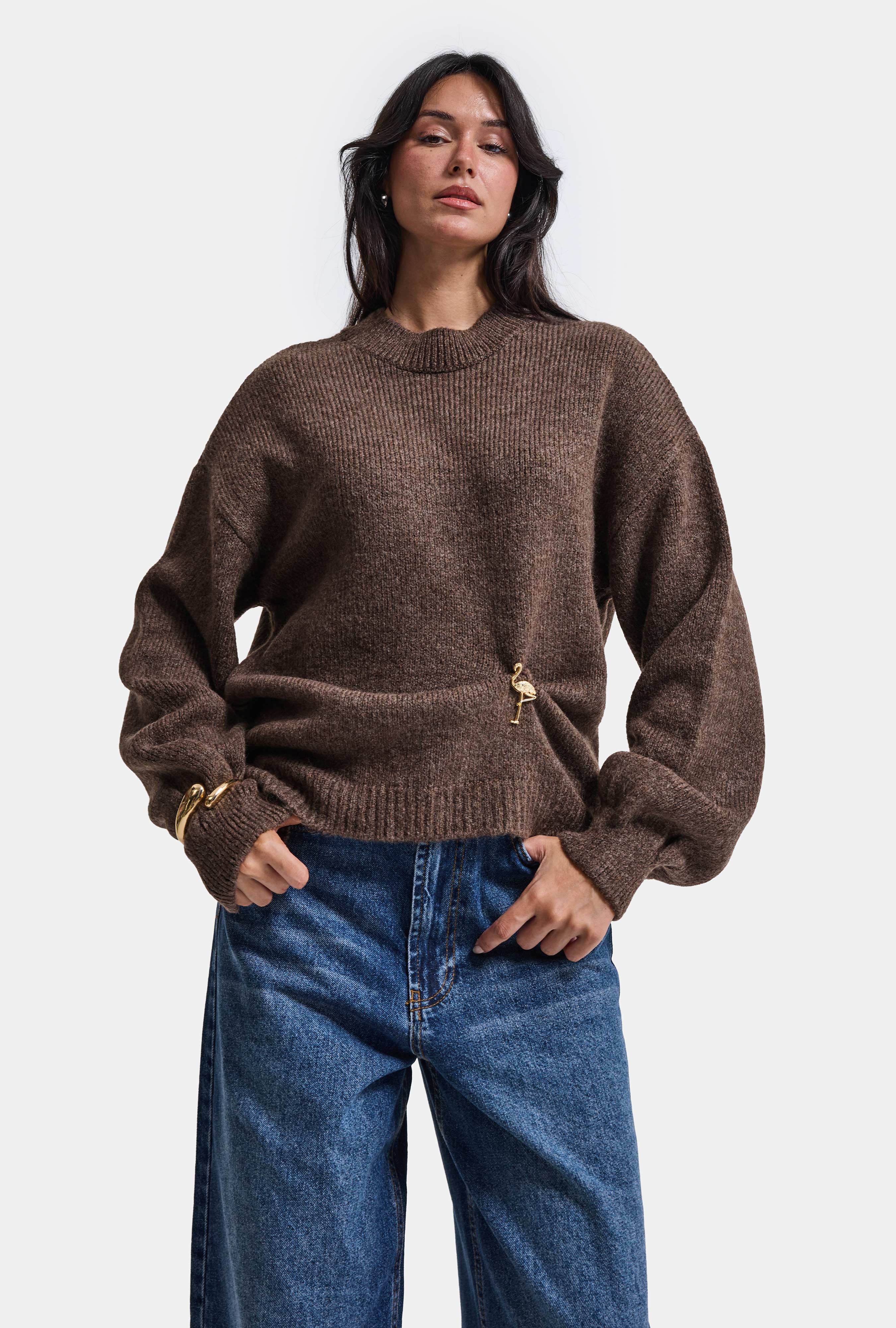 Kadın Kahve w6-16 Oversize Aksesuar Detaylı Tasarım Triko Kazak