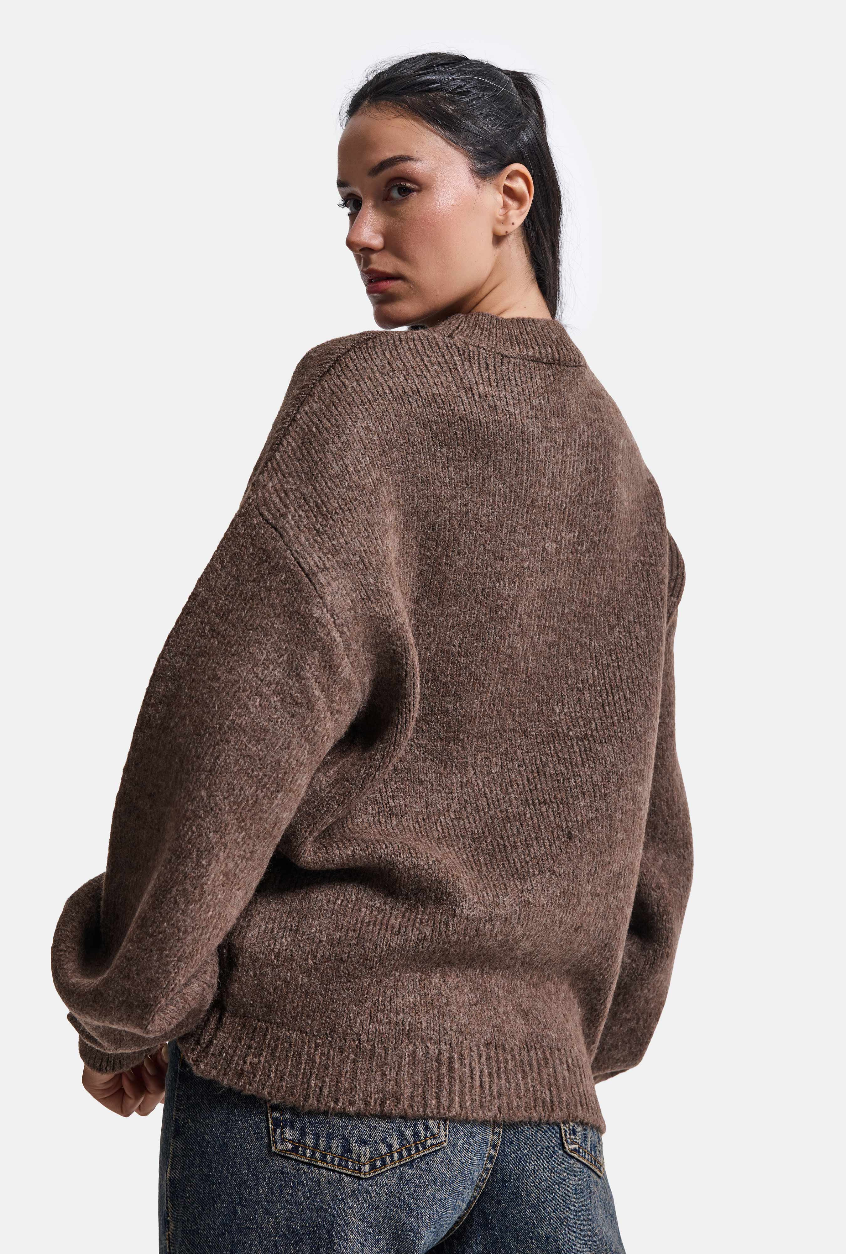 Kadın Kahve w6-16 Oversize Aksesuar Detaylı Tasarım Triko Kazak