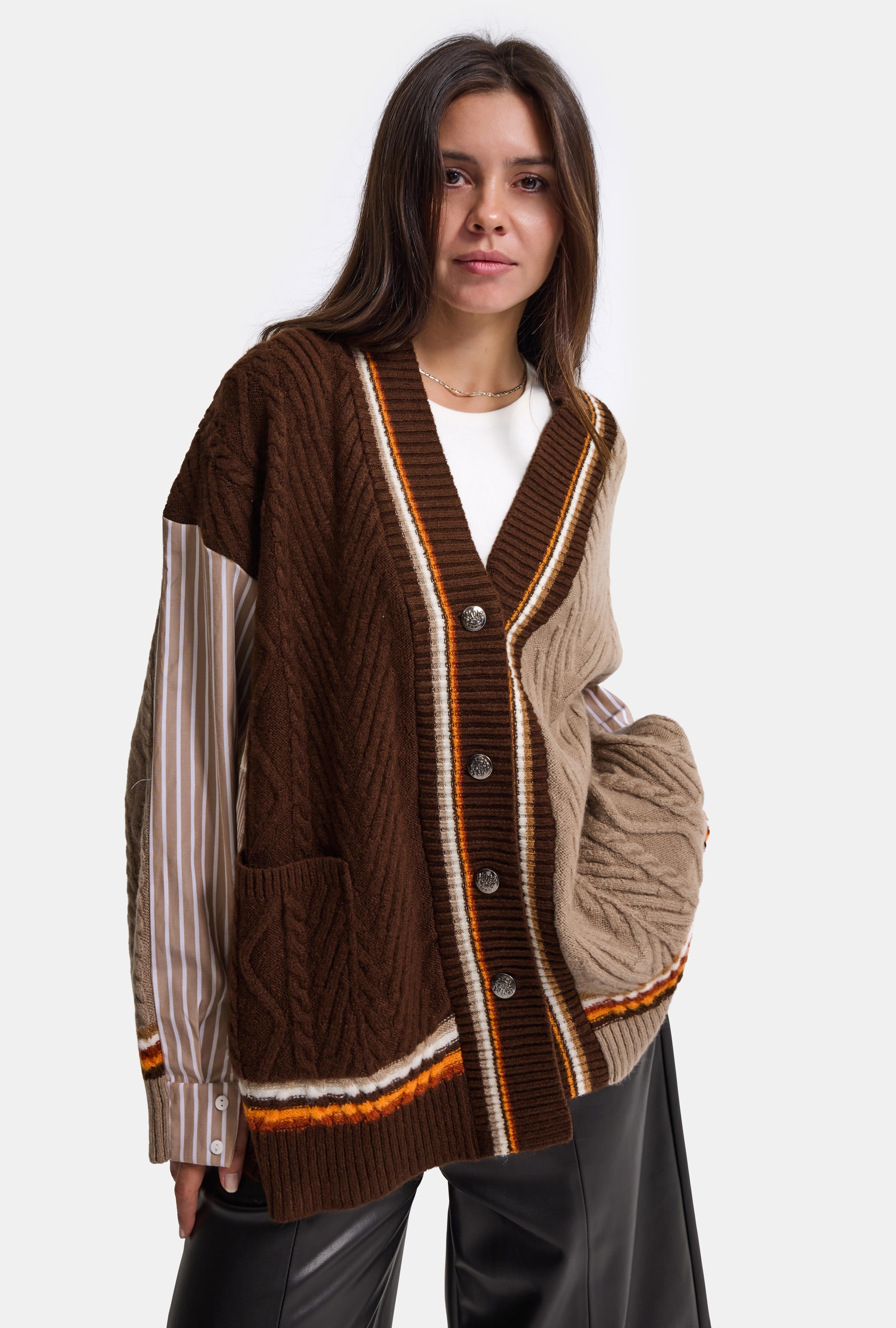 Kadın Kahve w6-16 Oversize Gömlek Kumaş Detaylı Özel Tasarım Triko Hırka