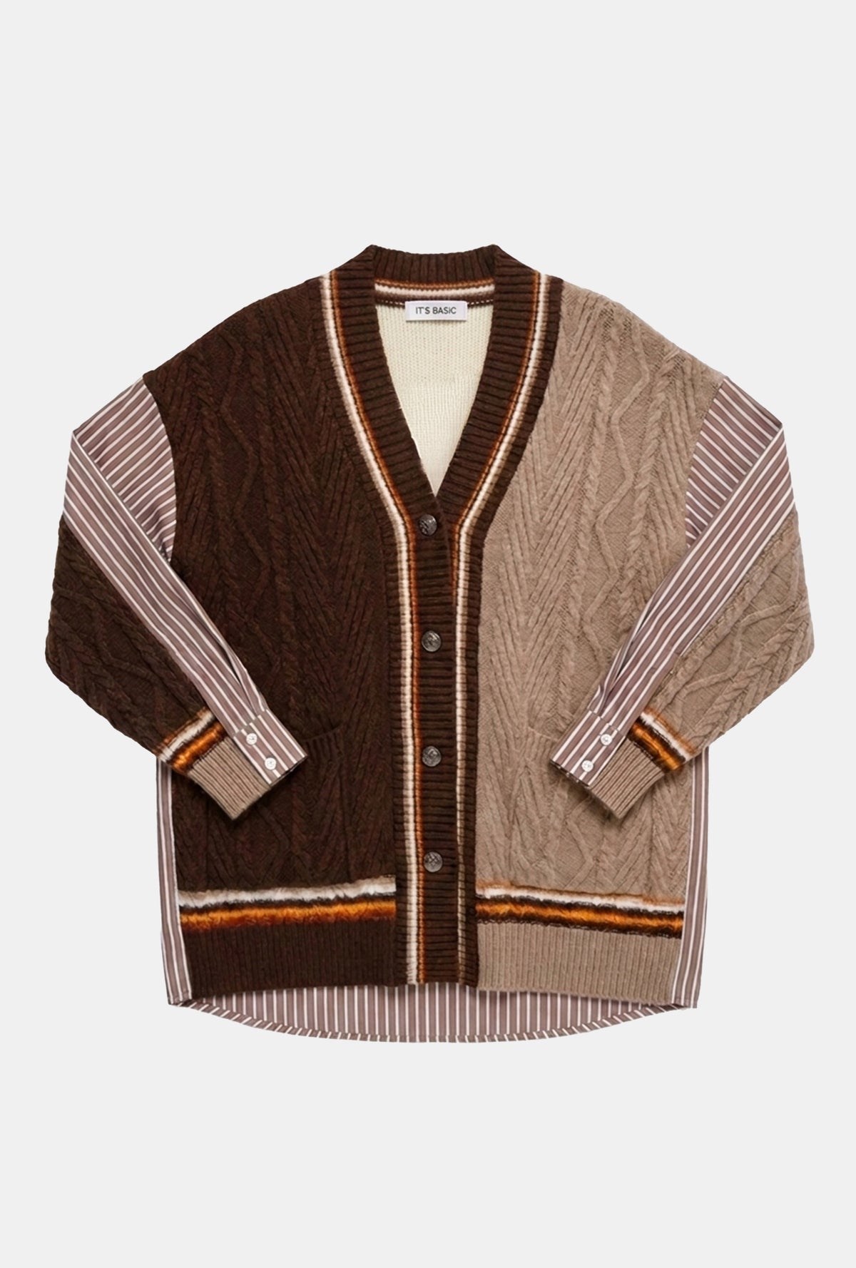 Kadın Kahve w6-16 Oversize Gömlek Kumaş Detaylı Özel Tasarım Triko Hırka