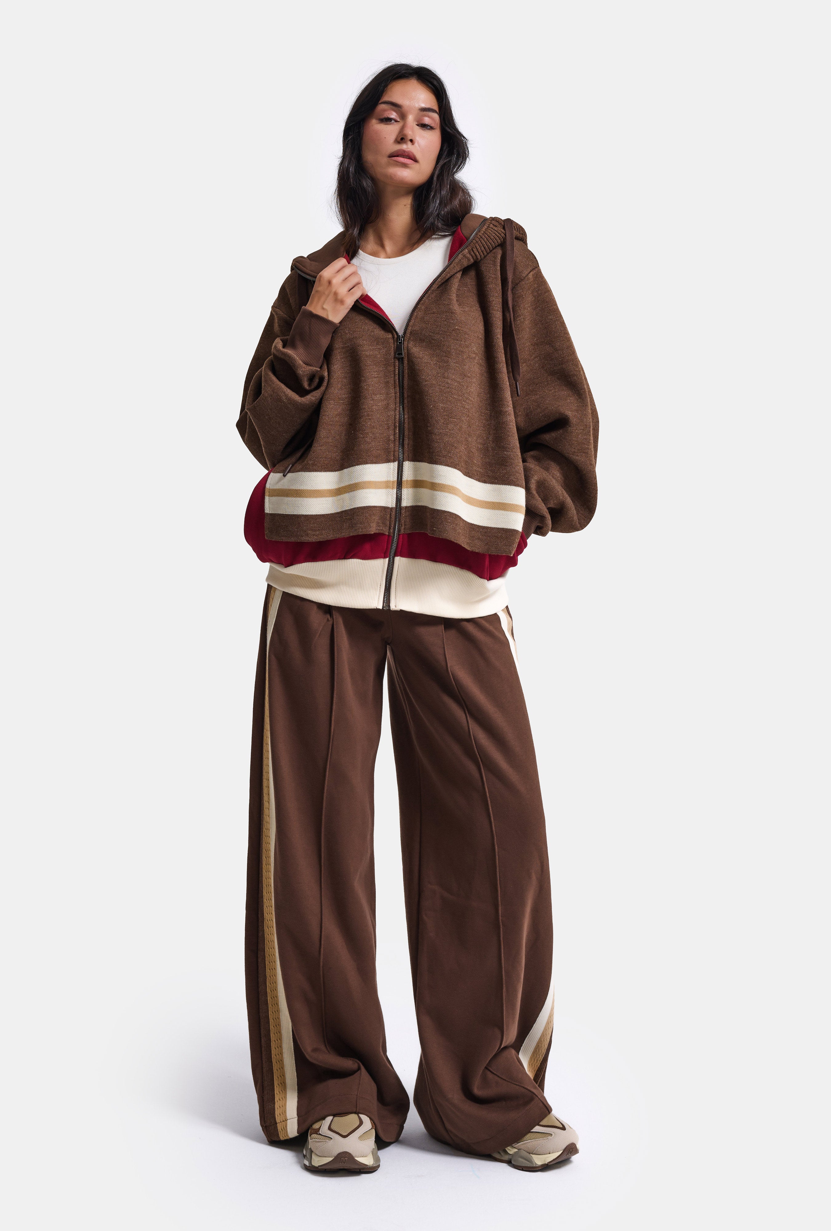 Kadın Kahve w6-16 Üst Sweatshirt Polar Alt Eşofman Pantolon 2'li Tasarım Takım
