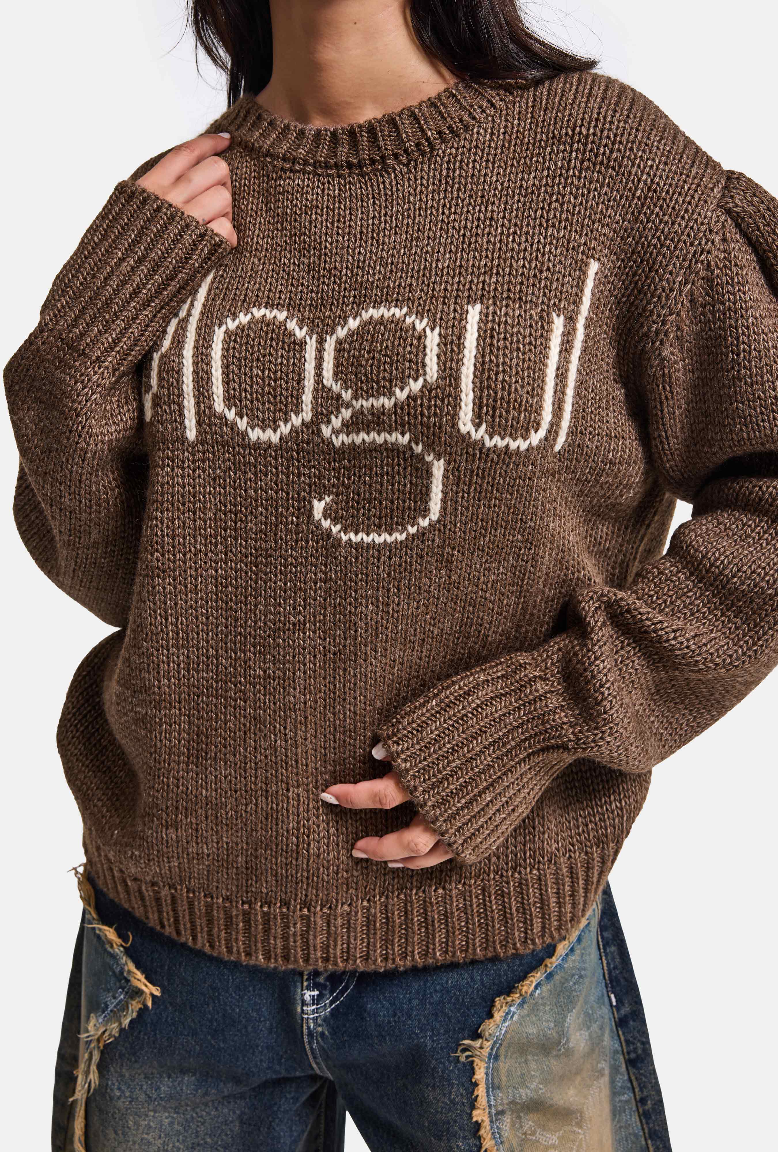 Kadın Kahve w6-81 Mogul Nakışlı Oversize Tasarım Triko Kazak