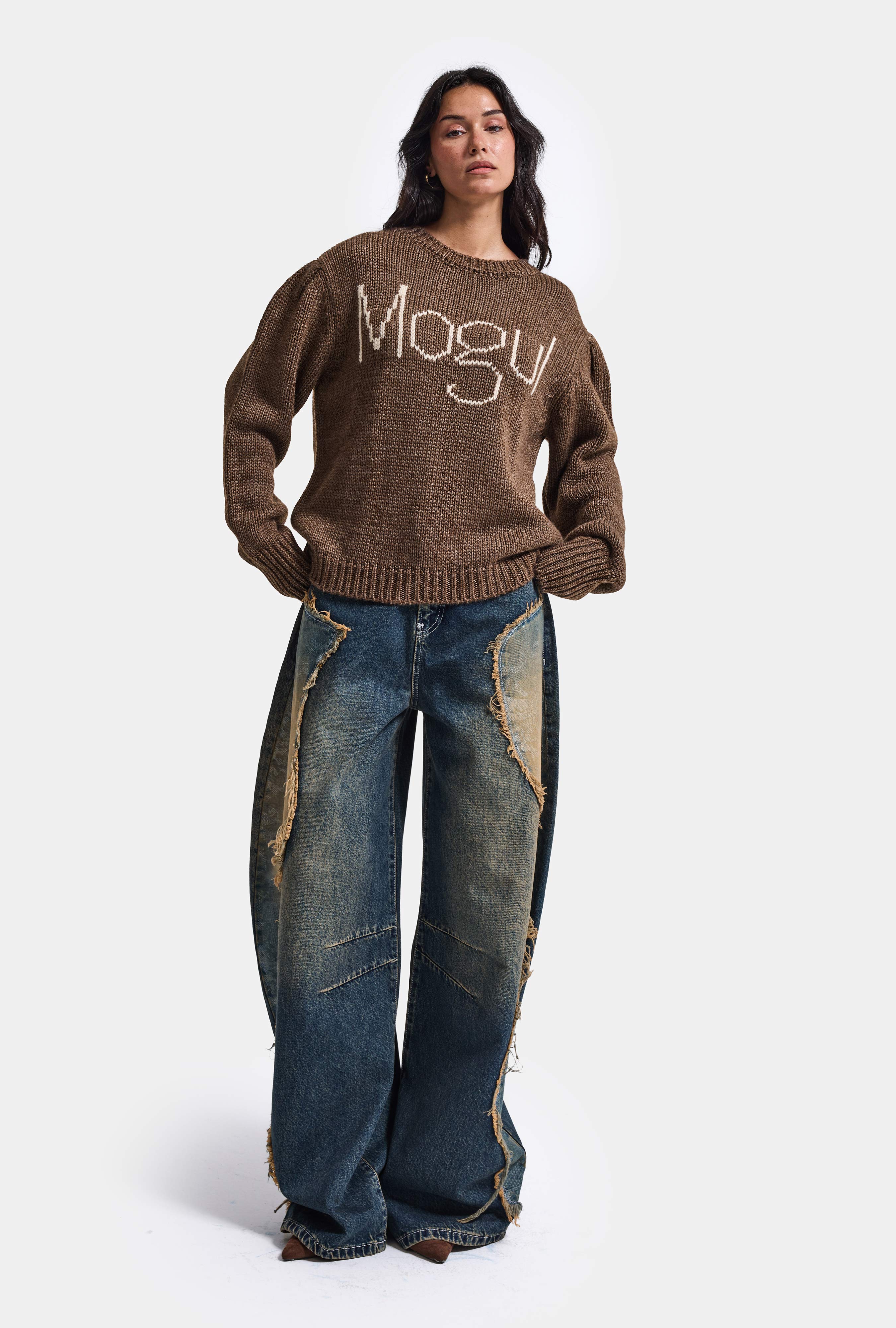 Kadın Kahve w6-81 Mogul Nakışlı Oversize Tasarım Triko Kazak