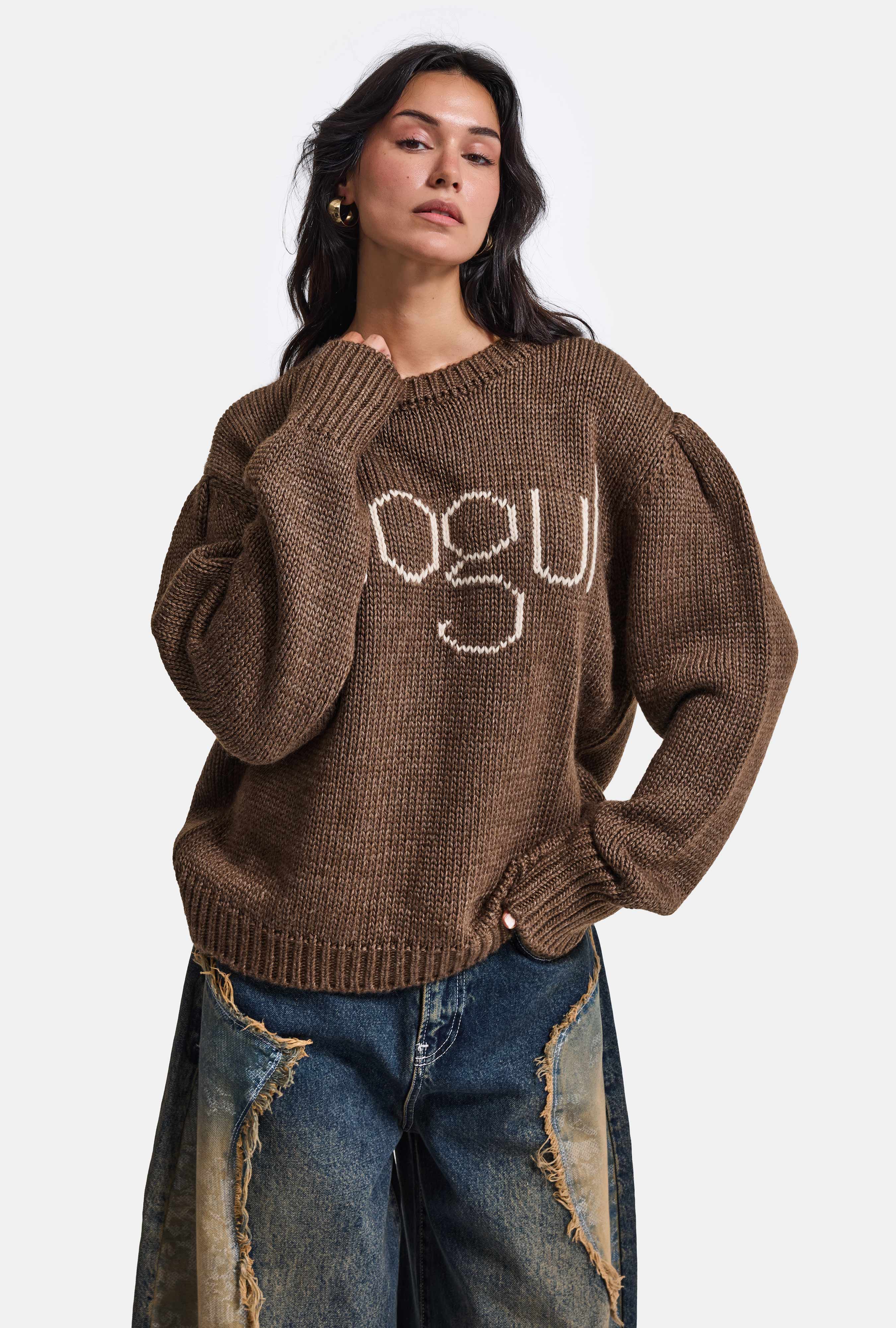 Kadın Kahve w6-81 Mogul Nakışlı Oversize Tasarım Triko Kazak