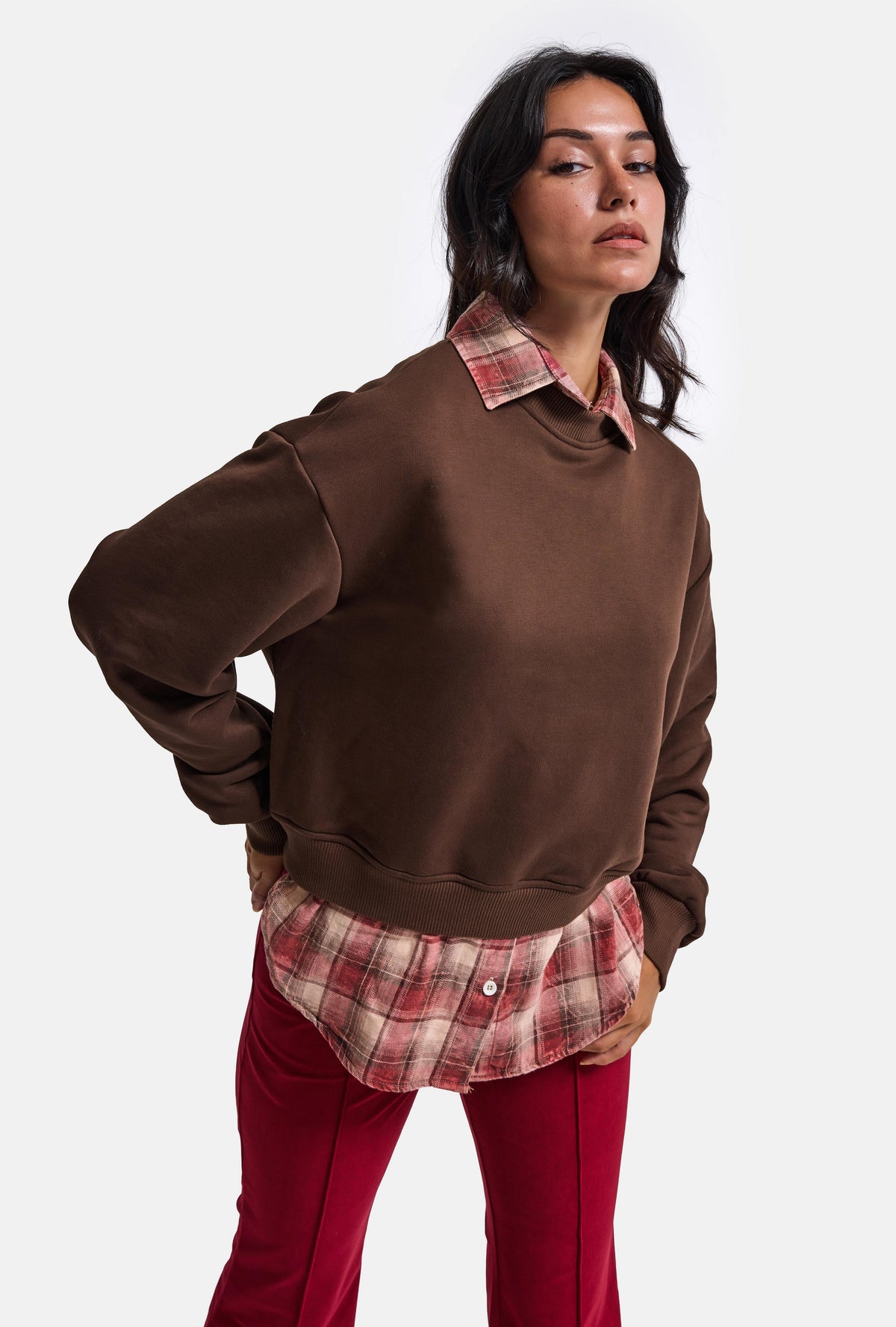 Kadın Kahve w6-81 Oversize Ekose Gömlek Detaylı Tasarım Sweatshirt