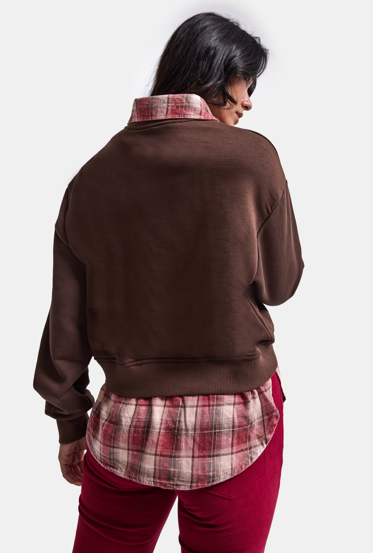 Kadın Kahve w6-81 Oversize Ekose Gömlek Detaylı Tasarım Sweatshirt
