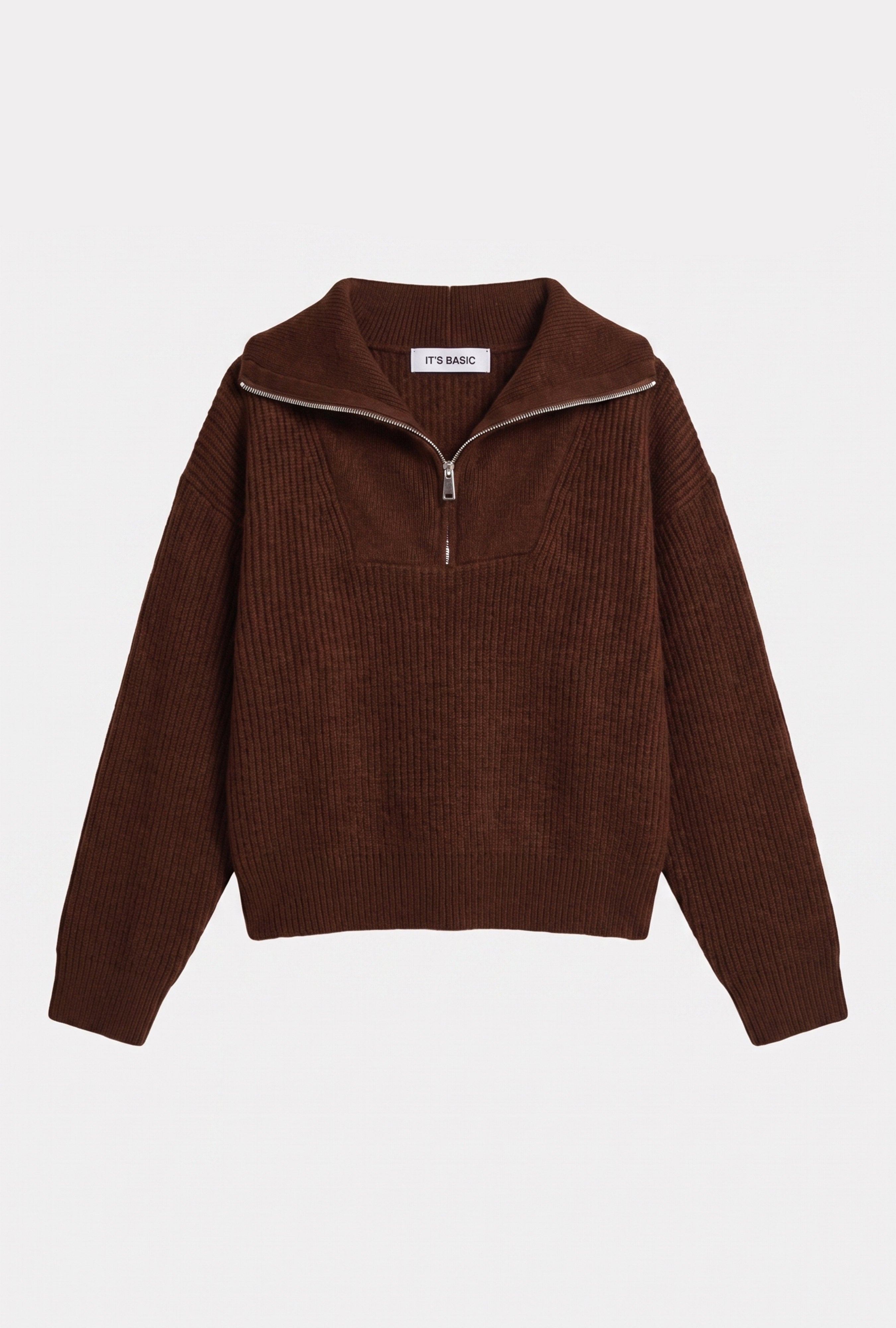 Kadın Kahve w6-81 Oversize Fermuarlı Triko Kazak