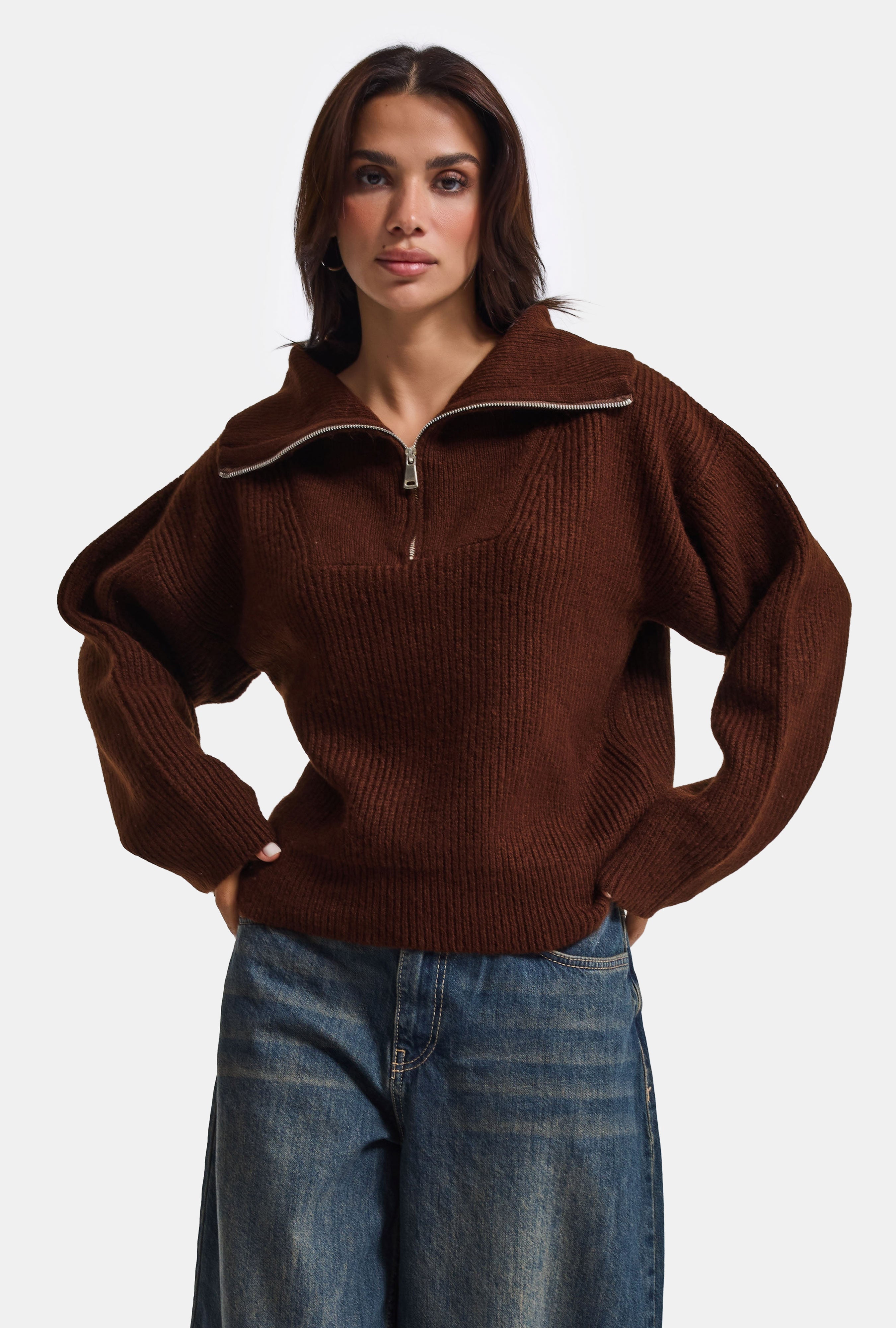 Kadın Kahve w6-81 Oversize Fermuarlı Triko Kazak
