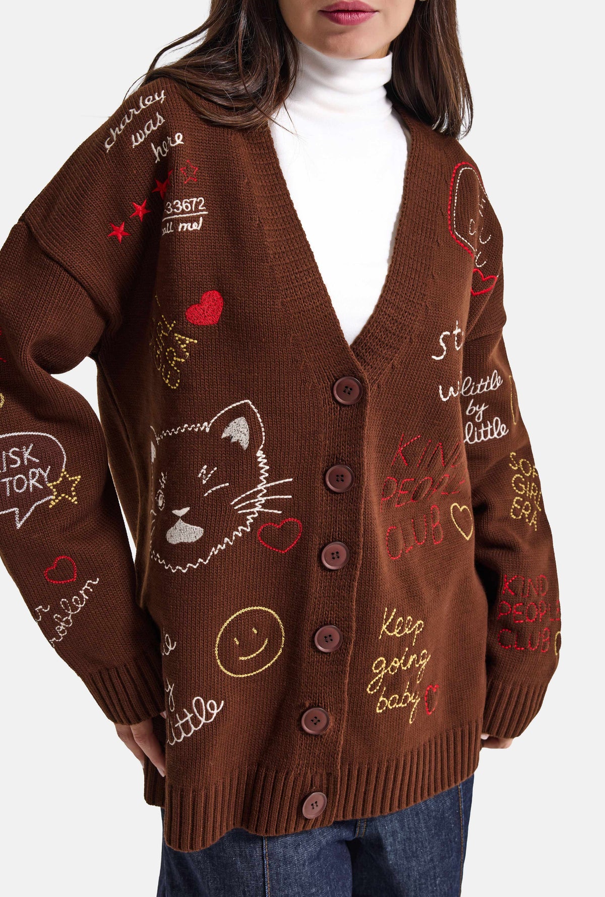 Kadın Kahve w6-81 Oversize Nakış Özel Desen Tasarım Düğmeli Hırka