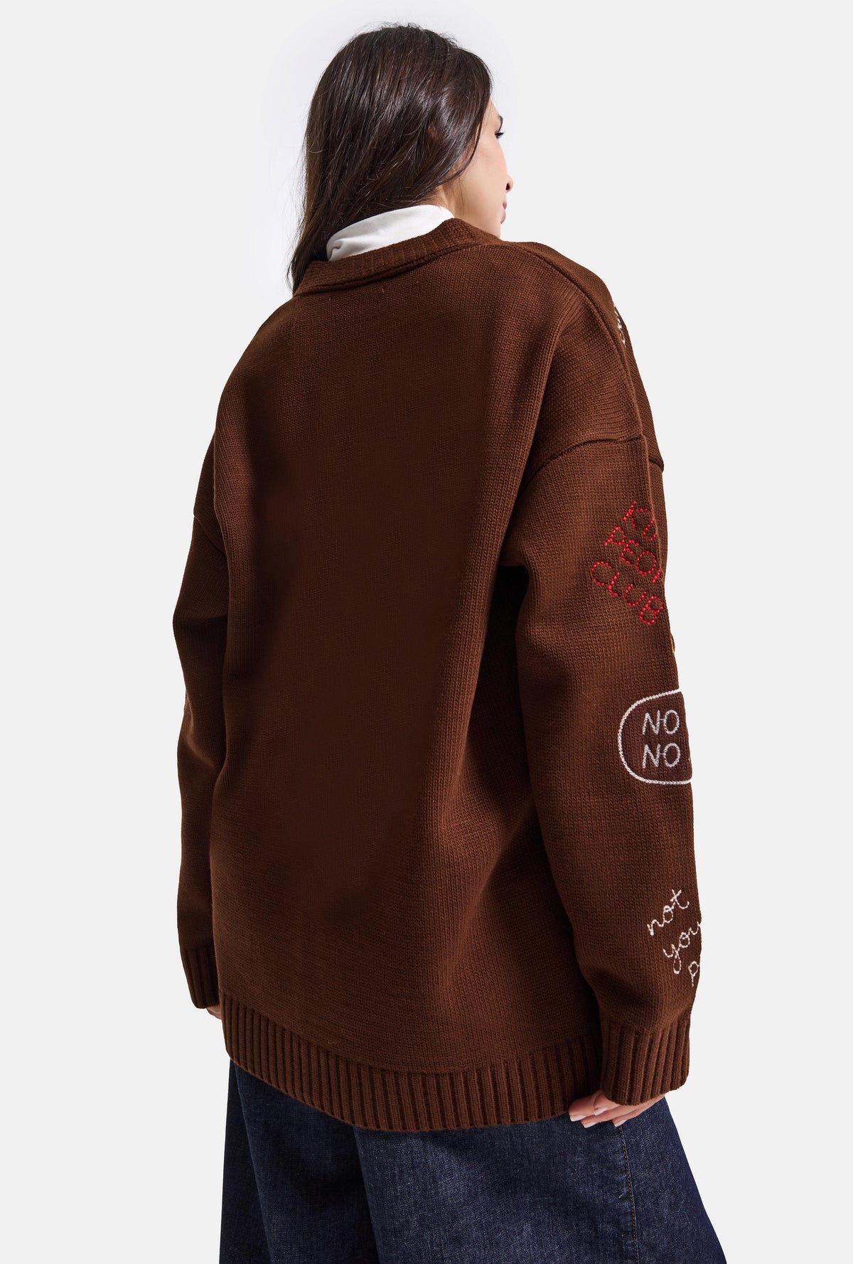 Kadın Kahve w6-81 Oversize Nakış Özel Desen Tasarım Düğmeli Hırka