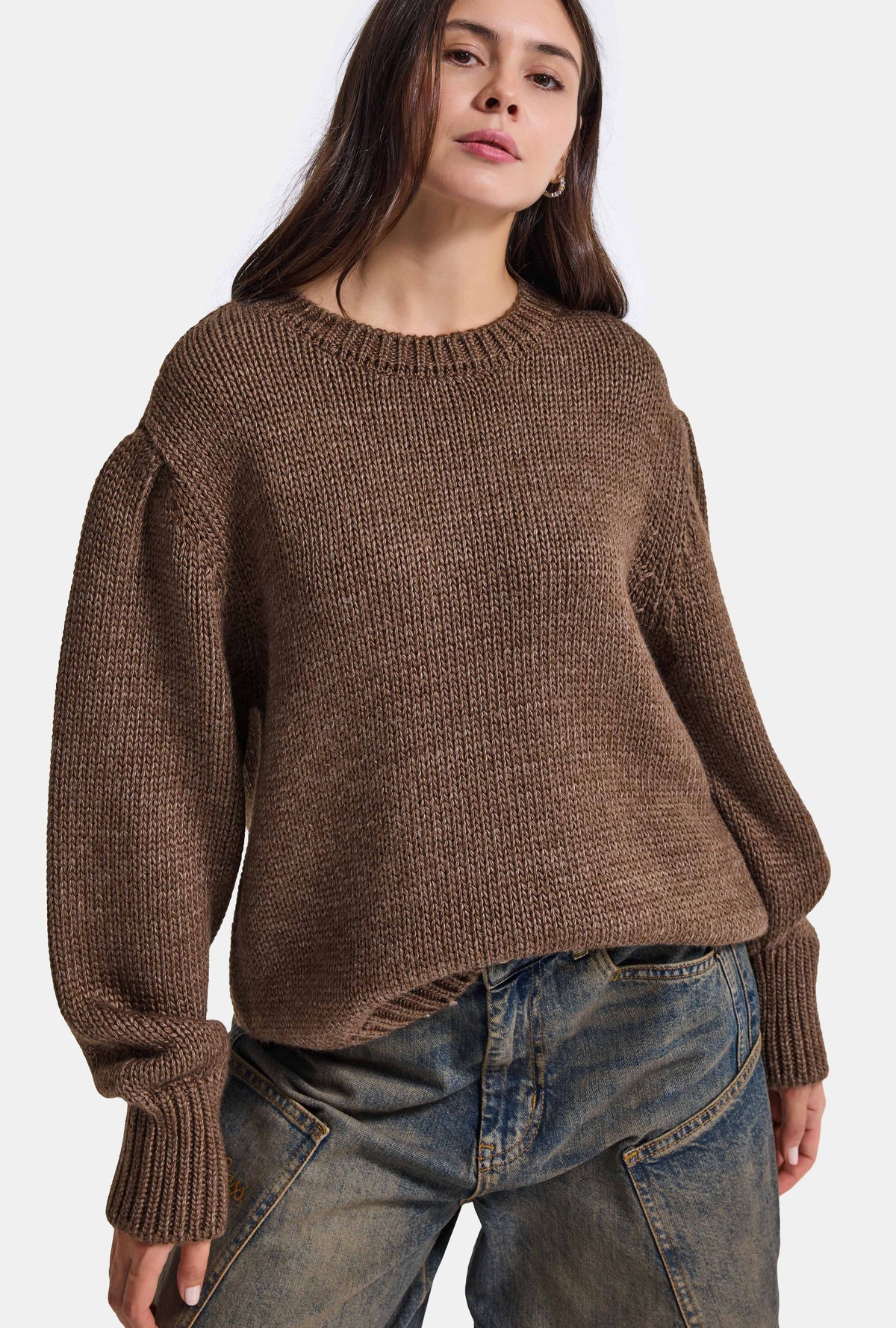 Kadın Kahve w6-81 Oversize Triko Kazak
