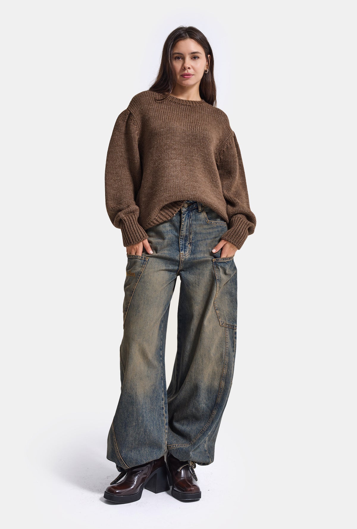 Kadın Kahve w6-81 Oversize Triko Kazak