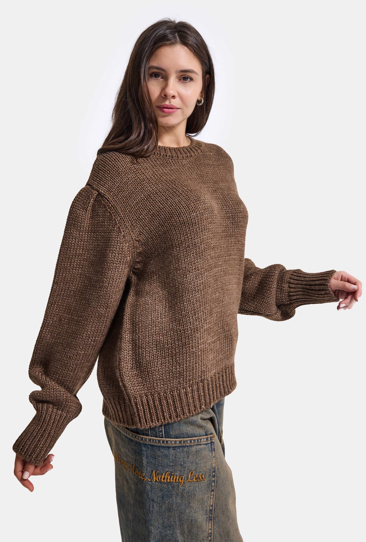 Kadın Kahve w6-81 Oversize Triko Kazak