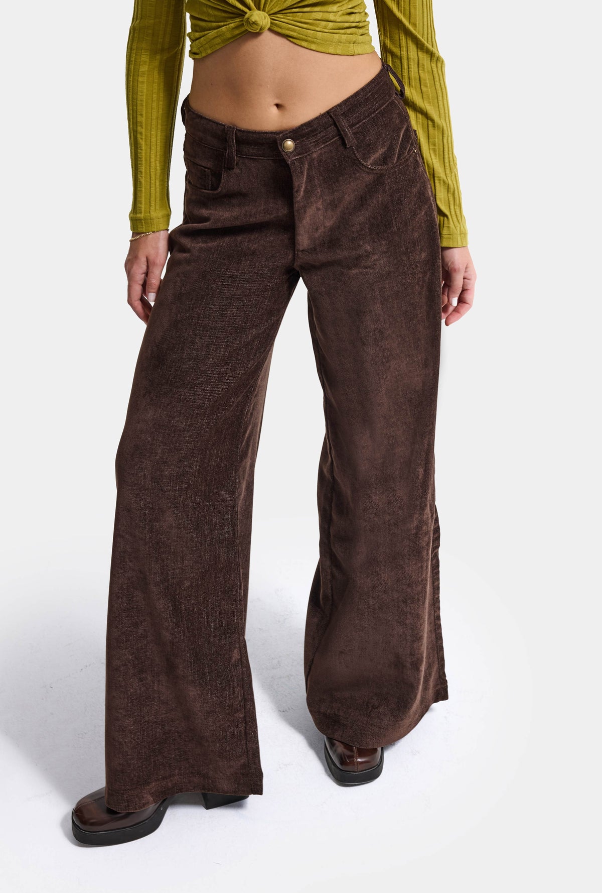 Kadın Kahve w6-81 Palazzo Fit Pürüzsüz Velvet Kadife Kumaş Pantolon