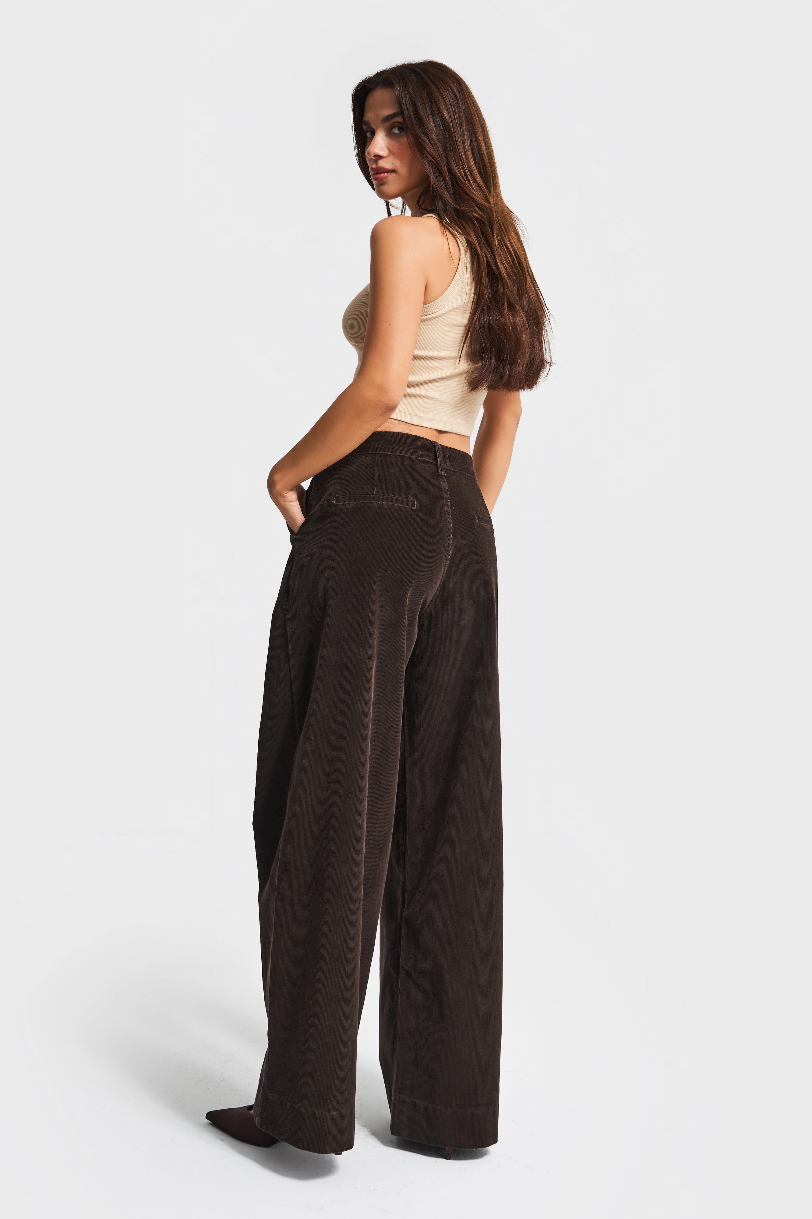 Kadın Kahverengi 26w5-136 Midrise Wide Leg Fit Fitilli Velvet Kadife Kumaş Pantolon