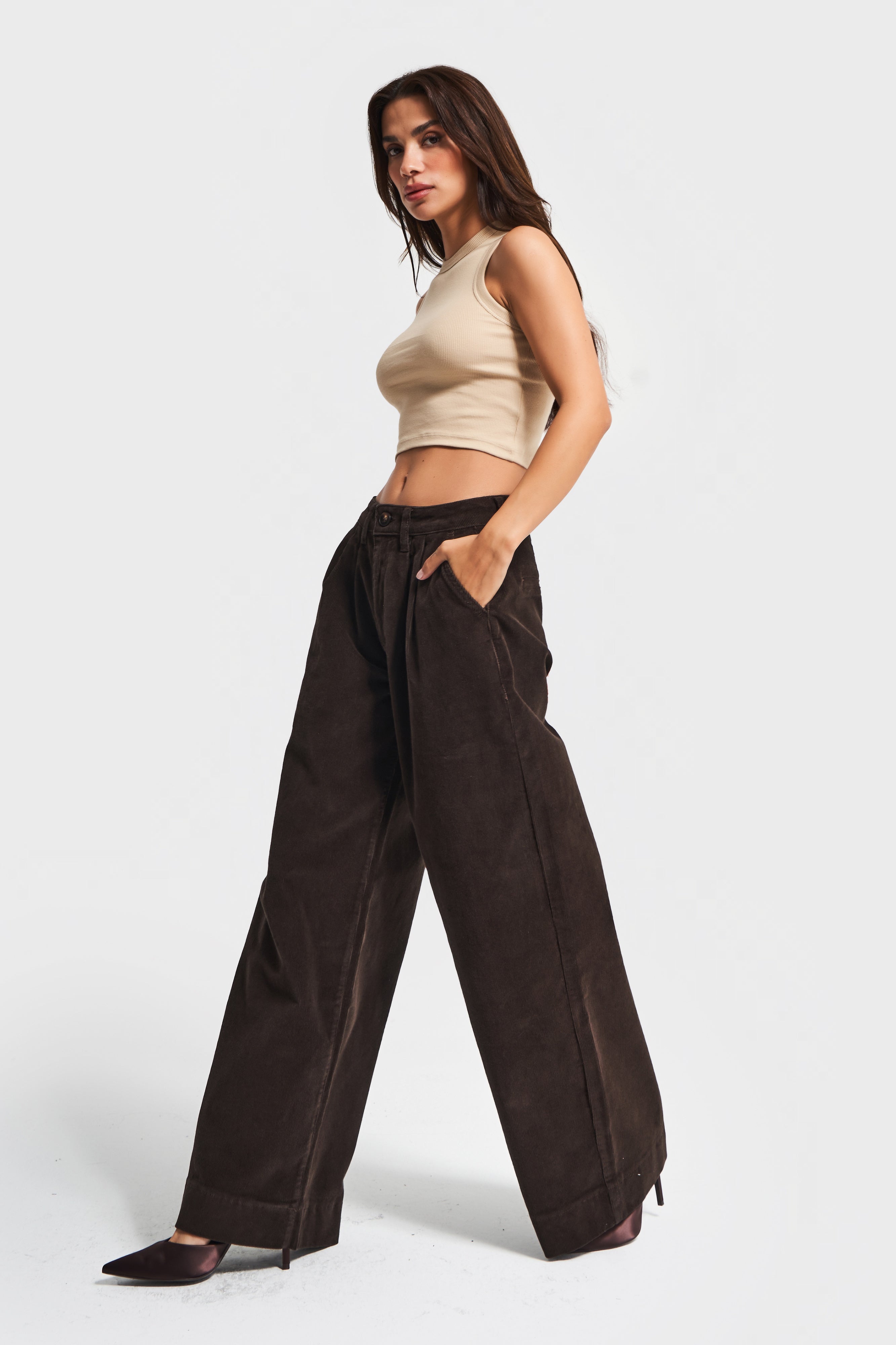 Kadın Kahverengi 26w5-136 Midrise Wide Leg Fit Fitilli Velvet Kadife Kumaş Pantolon
