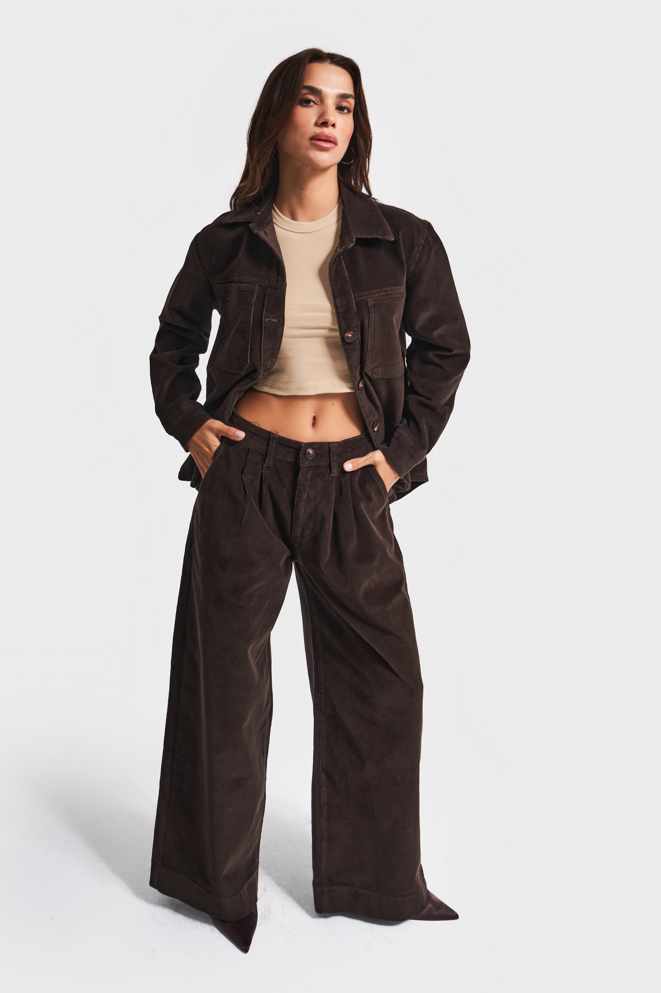 Kadın Kahverengi 26w5-136 Midrise Wide Leg Fit Fitilli Velvet Kadife Kumaş Pantolon