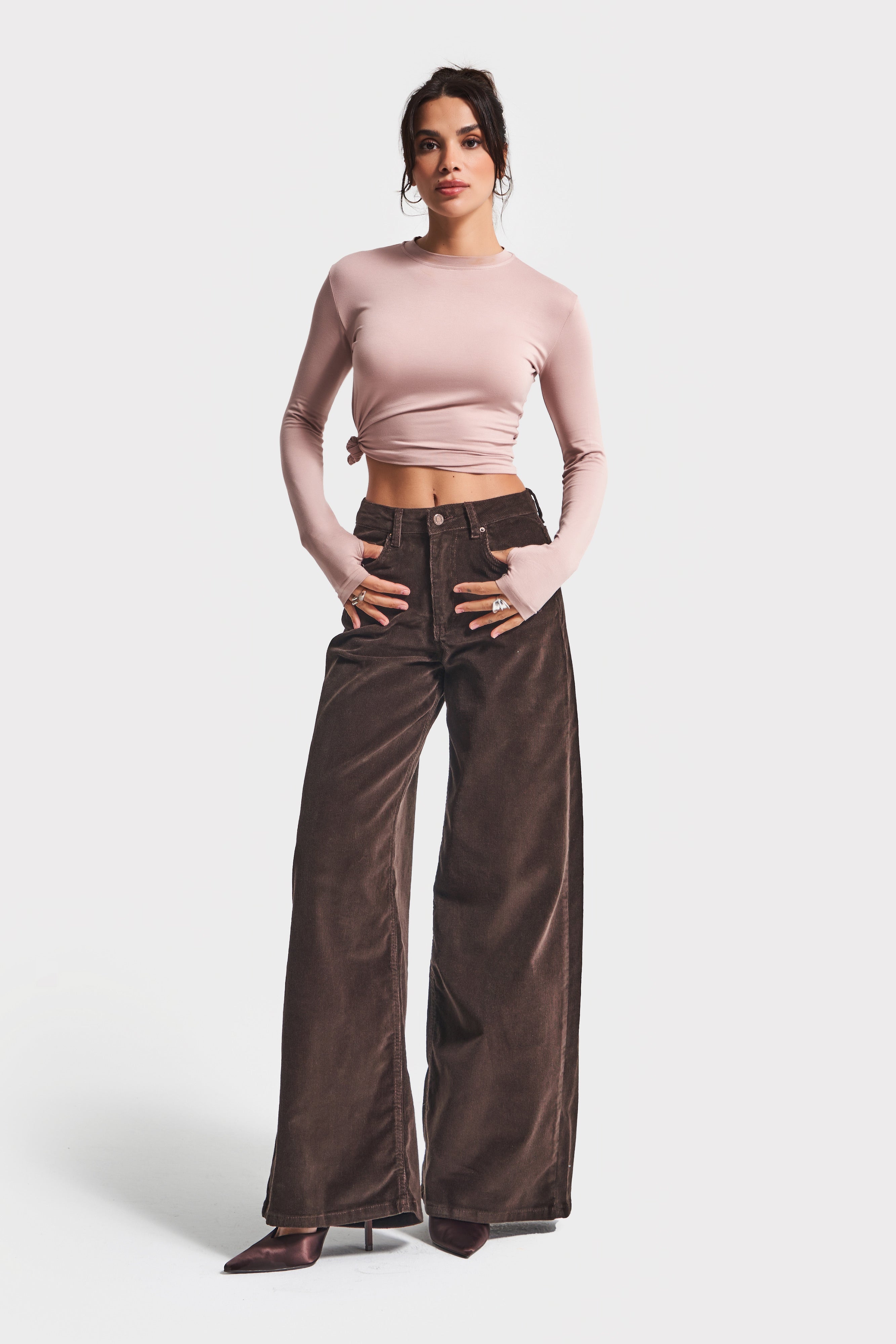 Kadın Kahverengi 26w5-136 Palazzo Fit Esnek İnce Fitilli Velvet Kadife Kumaş Pantolon