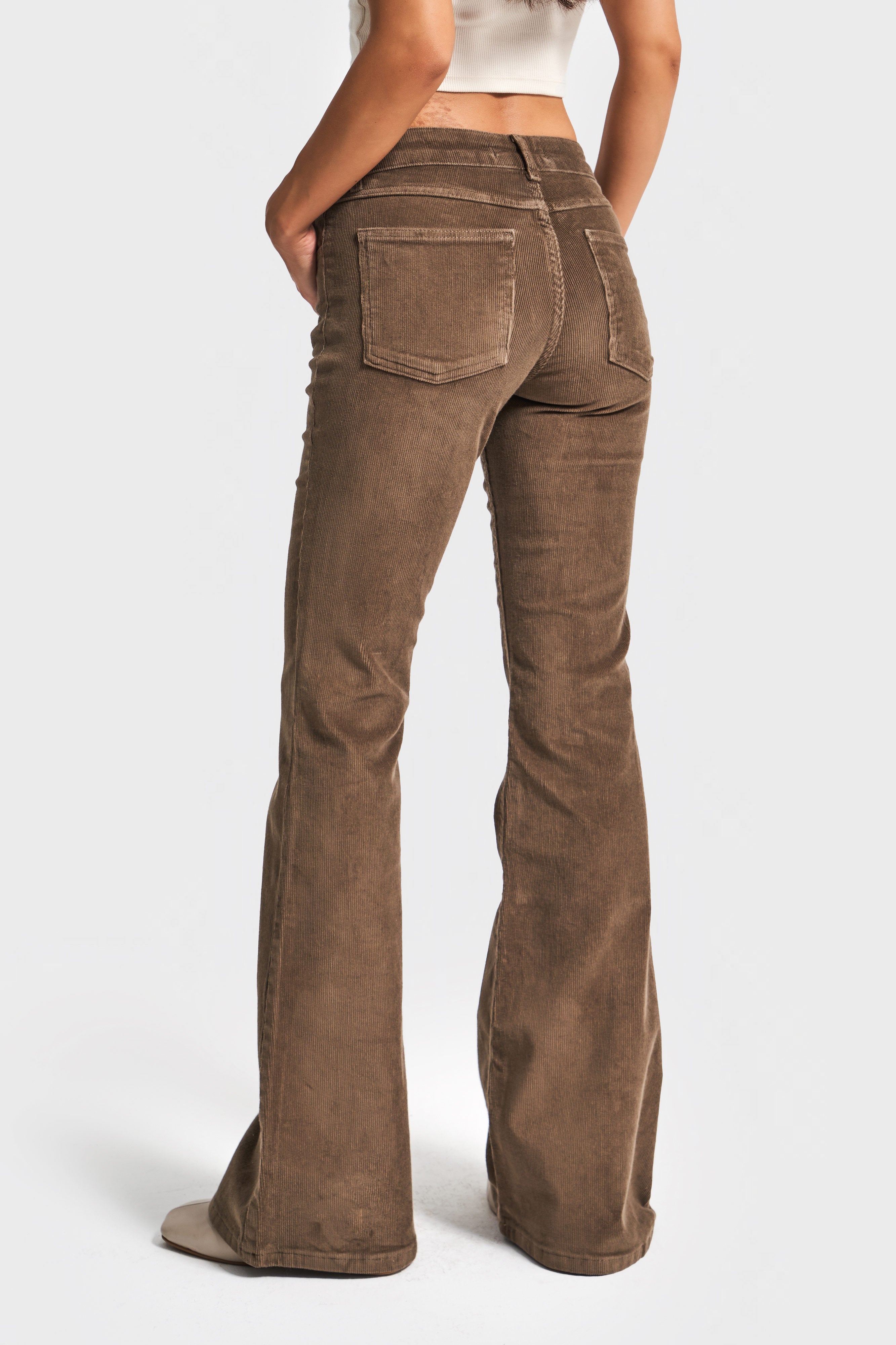 Kadın Kahverengi 26w5-82 Low Waist Flare Fit İnce Fitilli Velvet Kadife Kumaş Pantolon