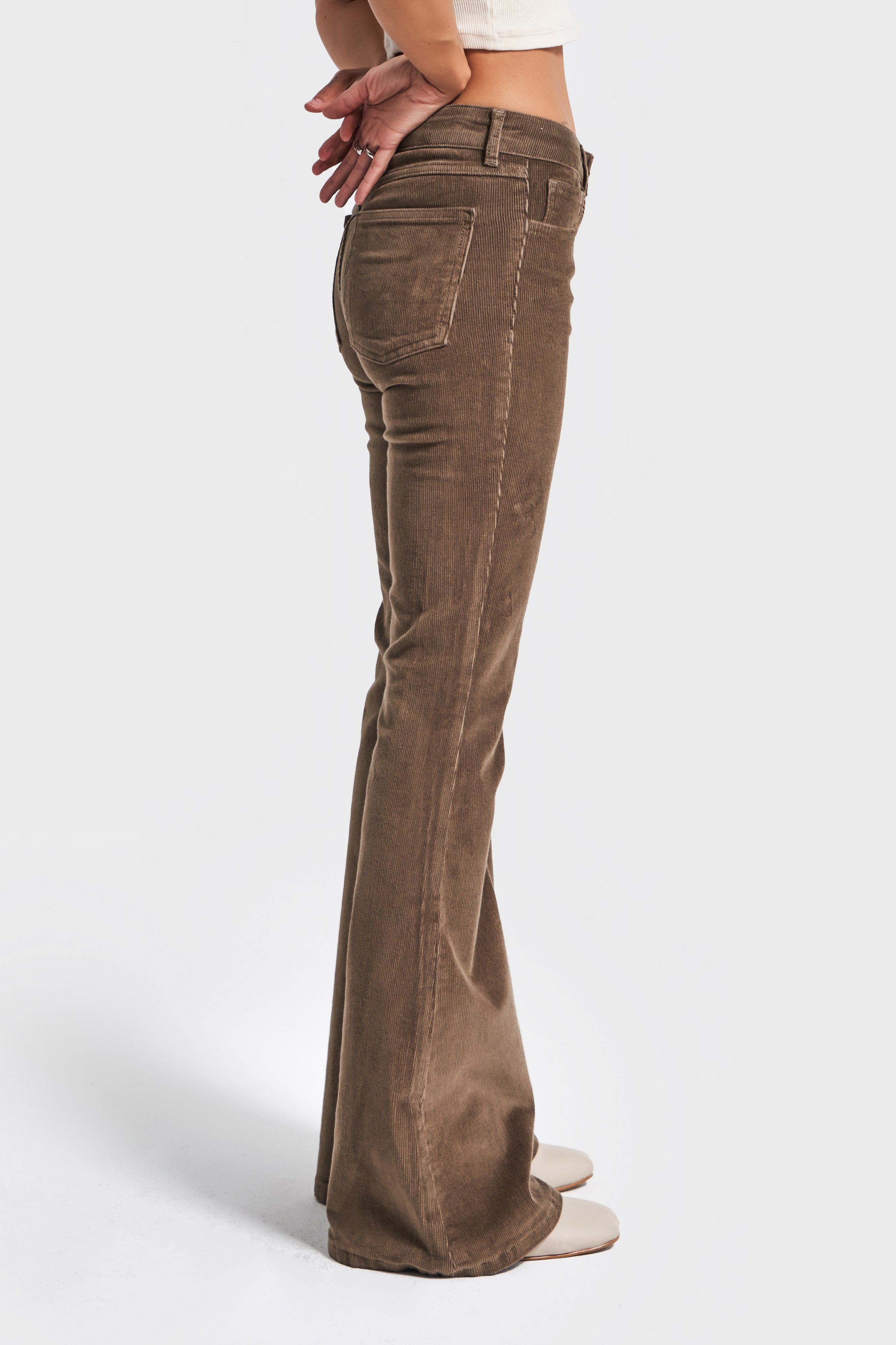 Kadın Kahverengi 26w5-82 Low Waist Flare Fit İnce Fitilli Velvet Kadife Kumaş Pantolon