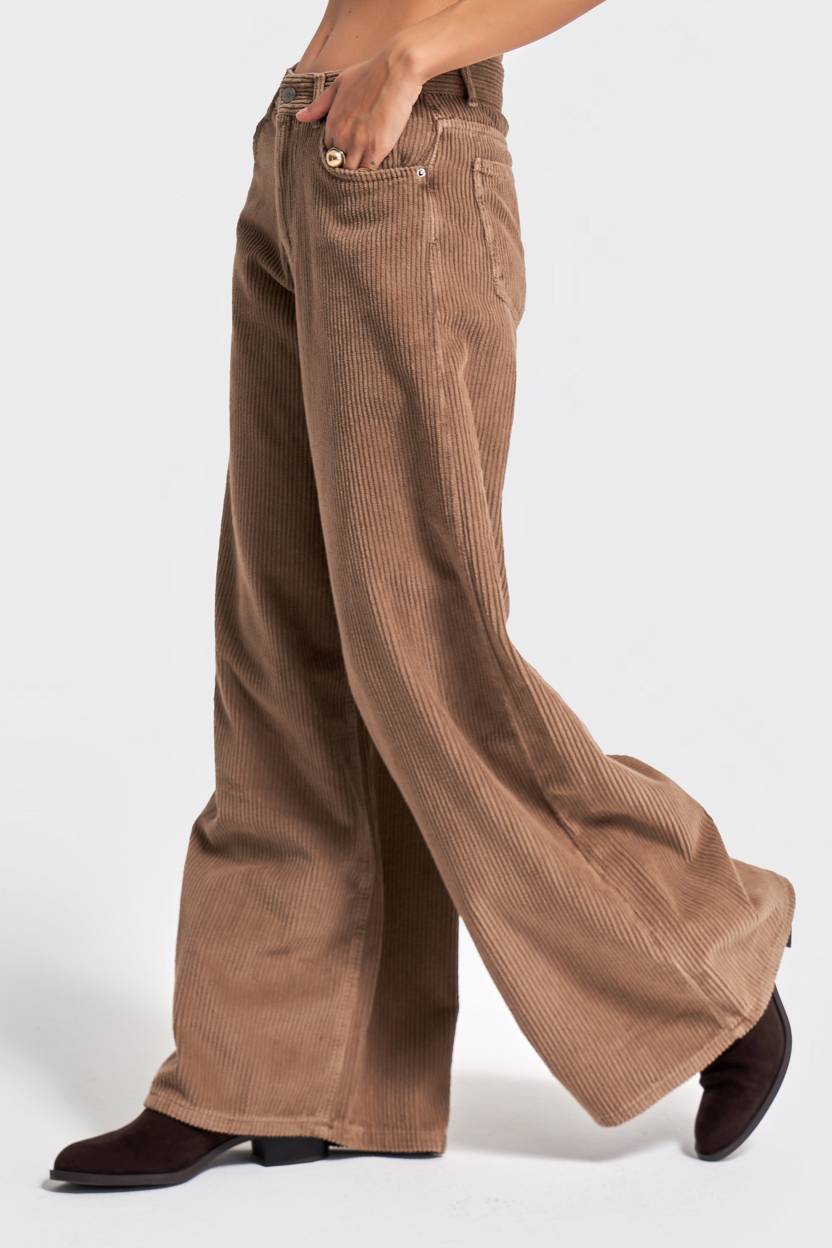 Kadın Kahverengi Hera 29w5-29 Palazzo Fit Kalın Fitilli Velvet Kadife Kumaş Pantolon