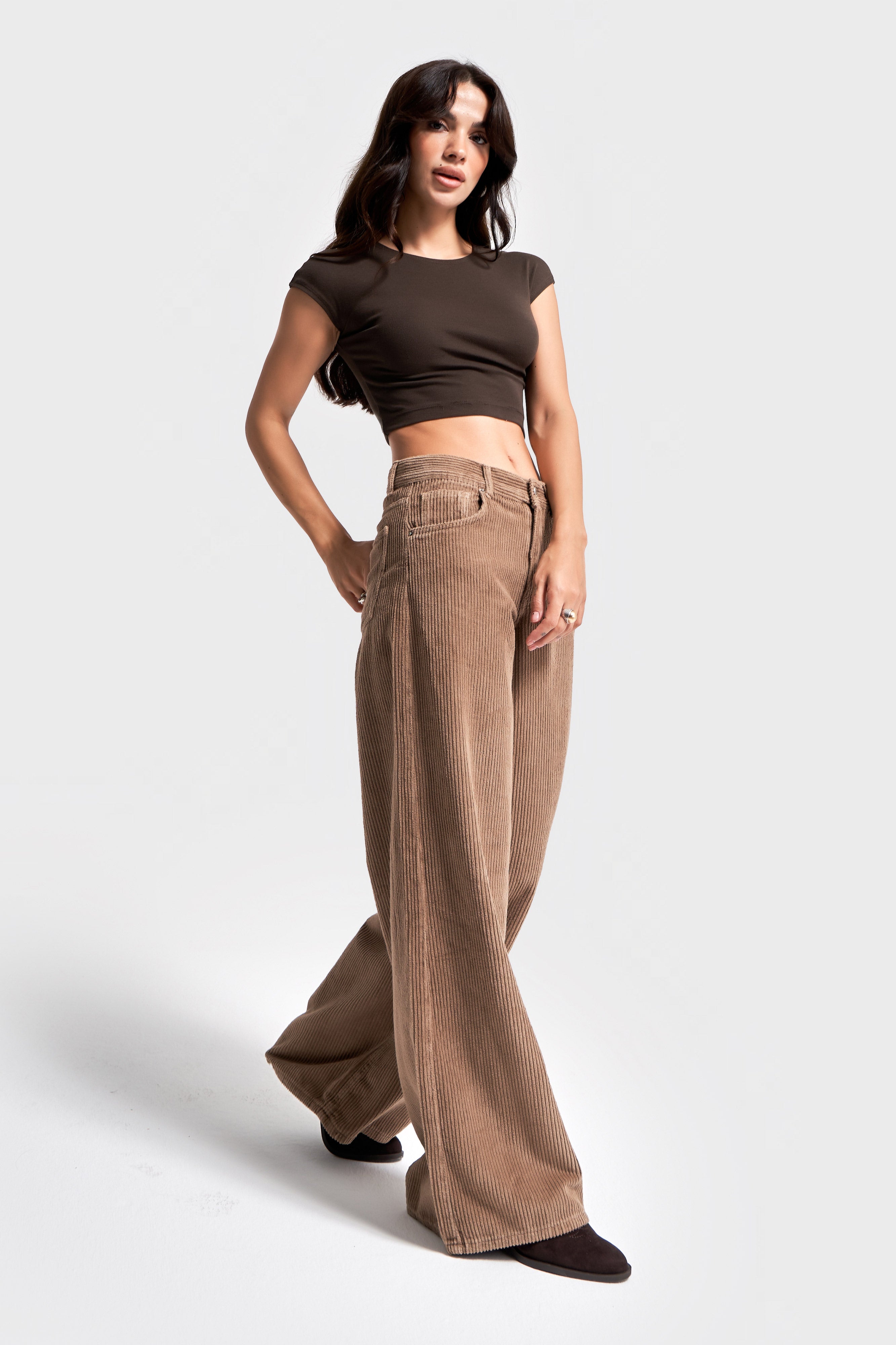 Kadın Kahverengi Hera 29w5-29 Palazzo Fit Kalın Fitilli Velvet Kadife Kumaş Pantolon