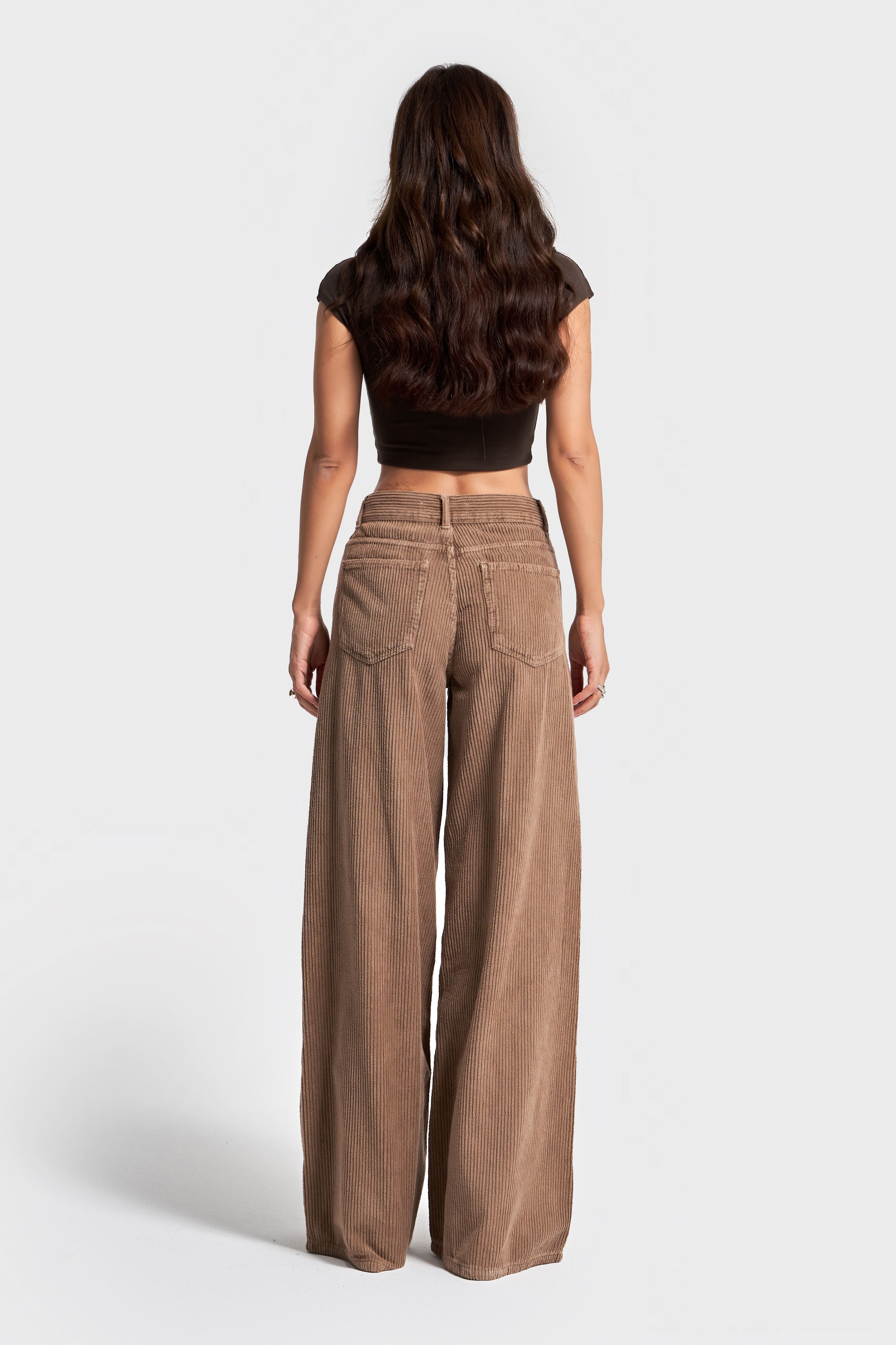 Kadın Kahverengi Hera 29w5-29 Palazzo Fit Kalın Fitilli Velvet Kadife Kumaş Pantolon