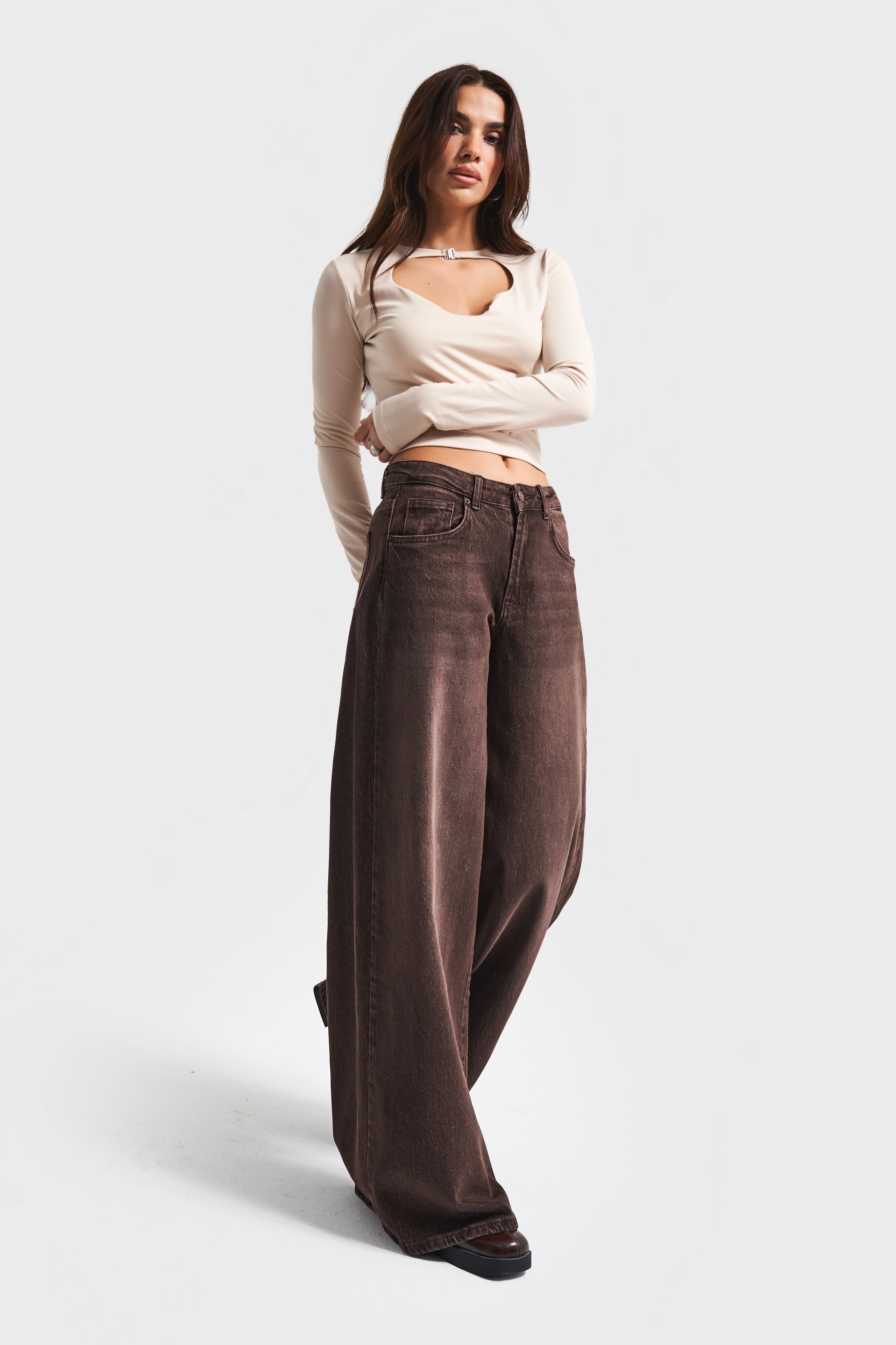 Kadın Kahverengi 2w5-16 LYL36 Palazzo Fit Esnek Elastan Kumaş Denim Jean