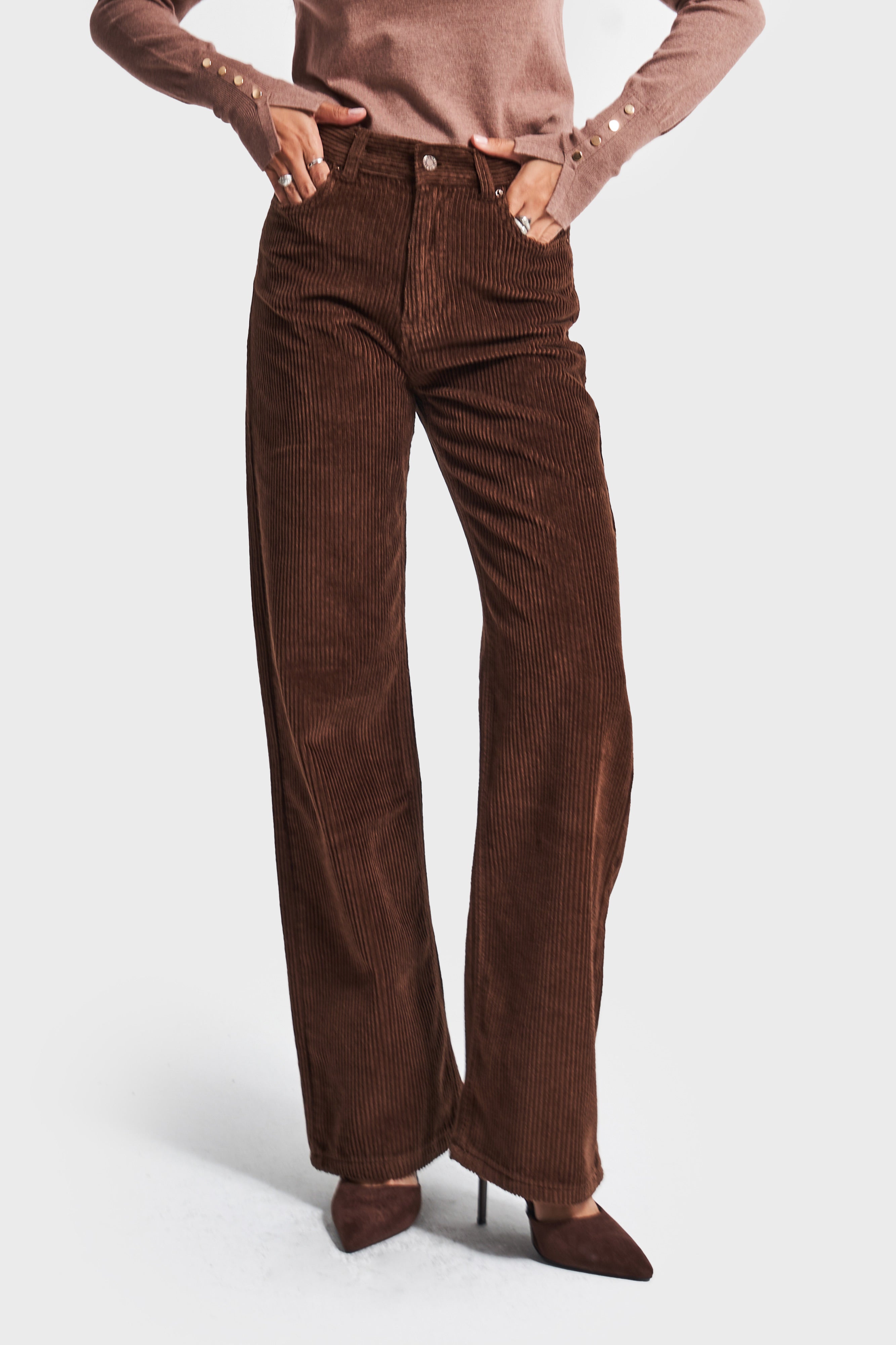 Kadın Kahverengi Doris 26w5-42 Straight Fit Yüksek Bel İç Boy 80cm Kalın Fitilli Kadife Velvet Kumaş Pantolon