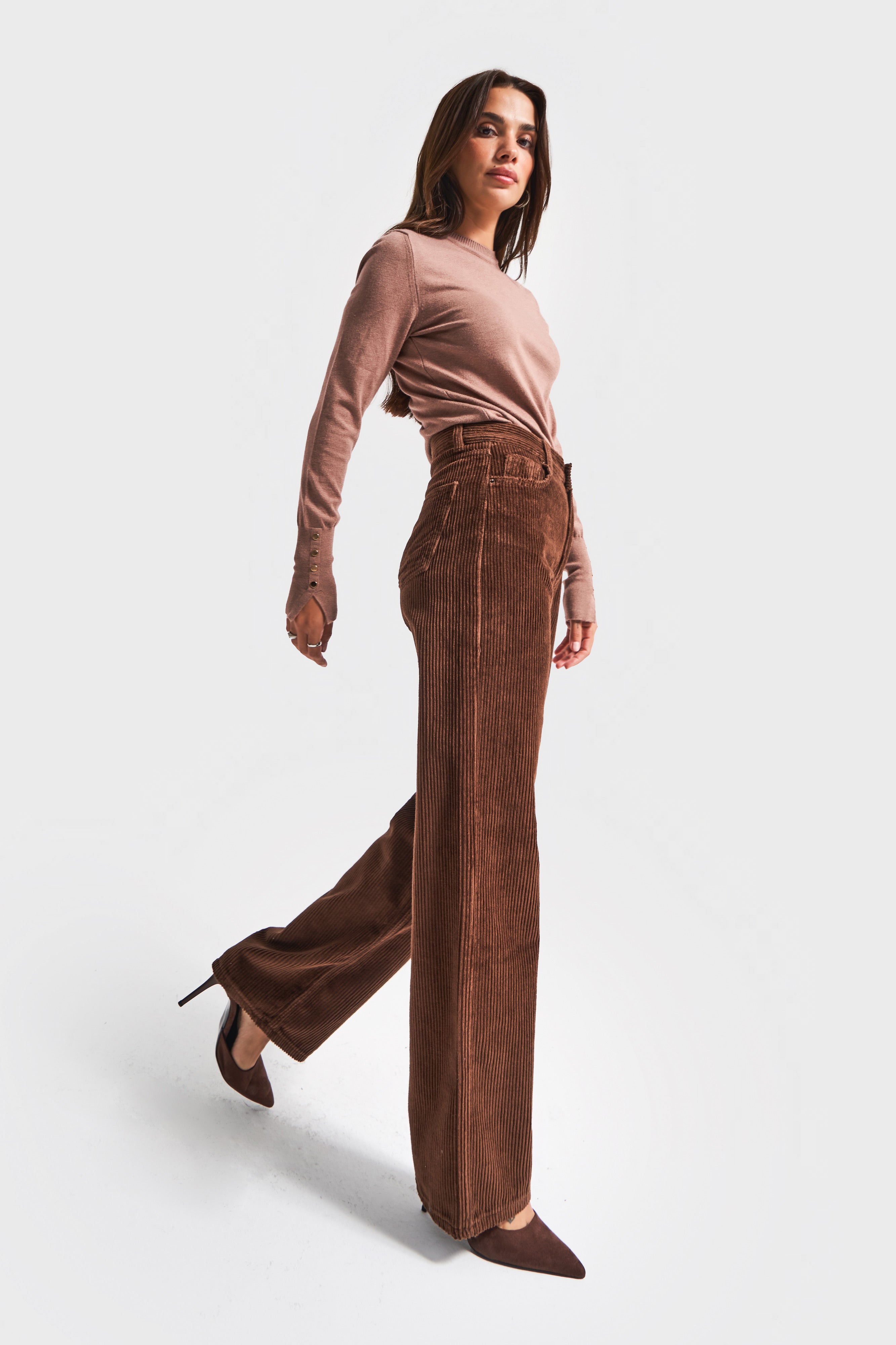 Kadın Kahverengi Doris 26w5-42 Straight Fit Yüksek Bel İç Boy 80cm Kalın Fitilli Kadife Velvet Kumaş Pantolon