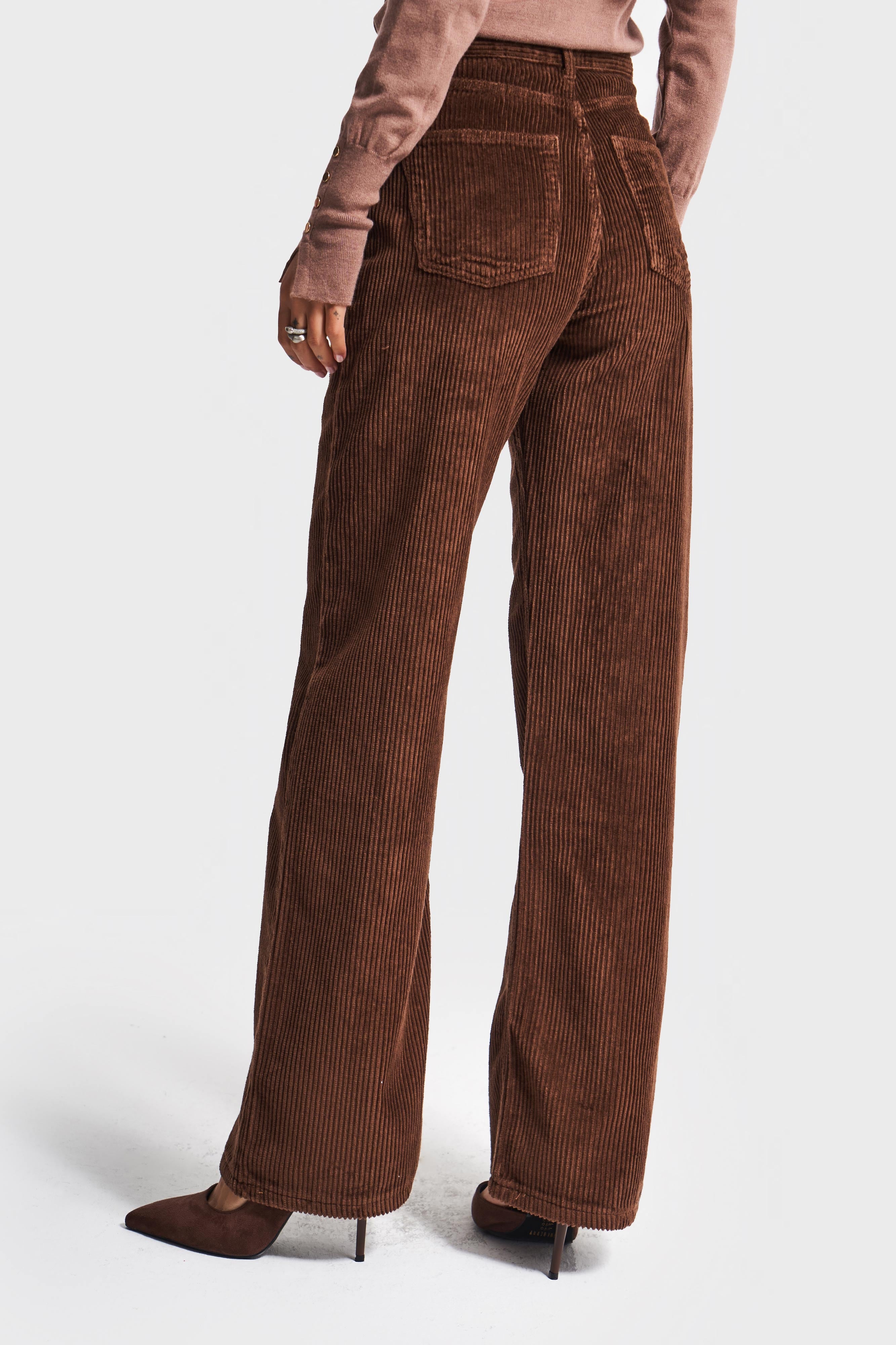 Kadın Kahverengi Doris 26w5-42 Straight Fit Yüksek Bel İç Boy 80cm Kalın Fitilli Kadife Velvet Kumaş Pantolon