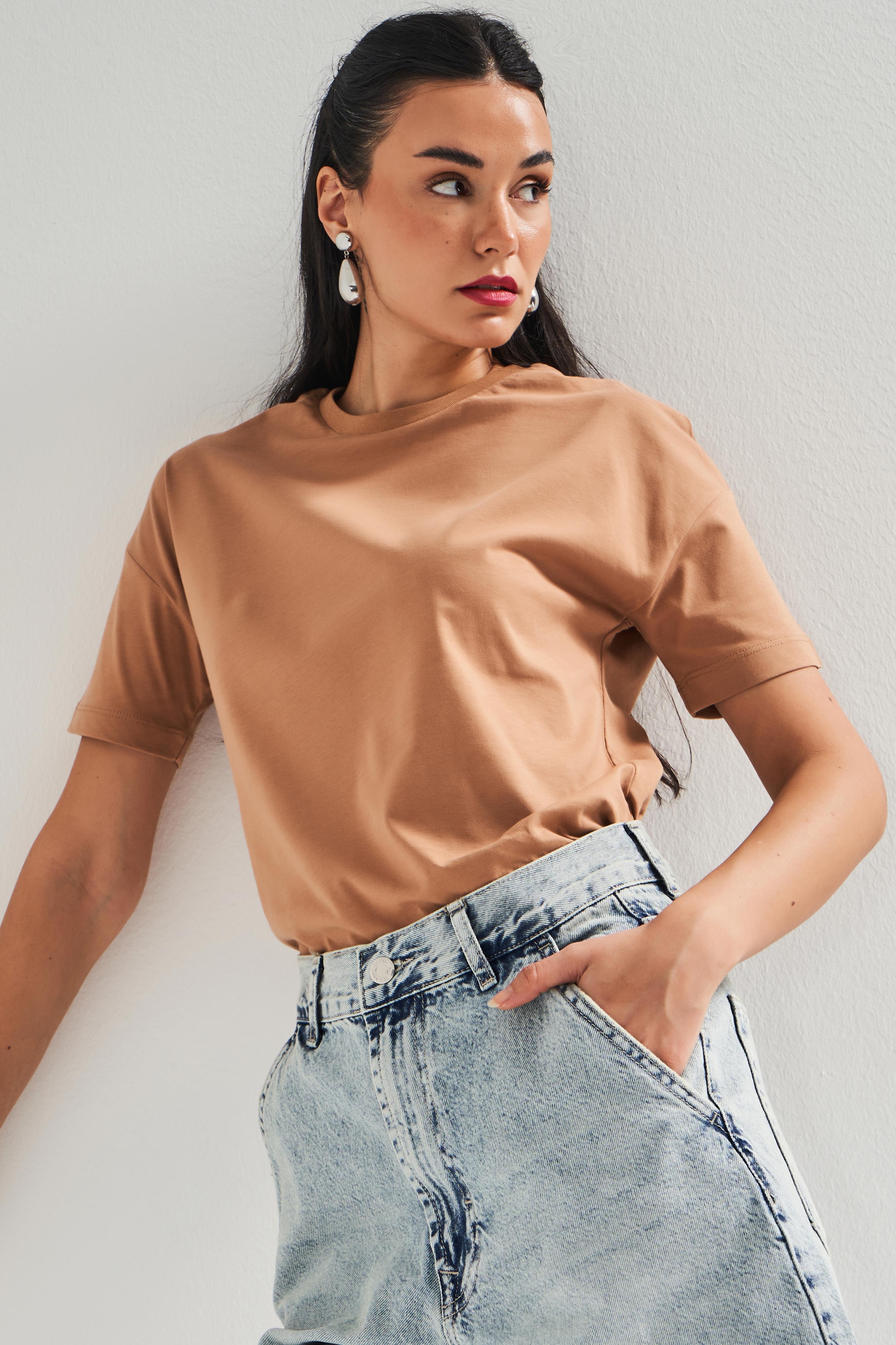 Kadın Kahverengi  S5-16  Bisiklet Yaka %100 Pamuklu Basic T-Shirt