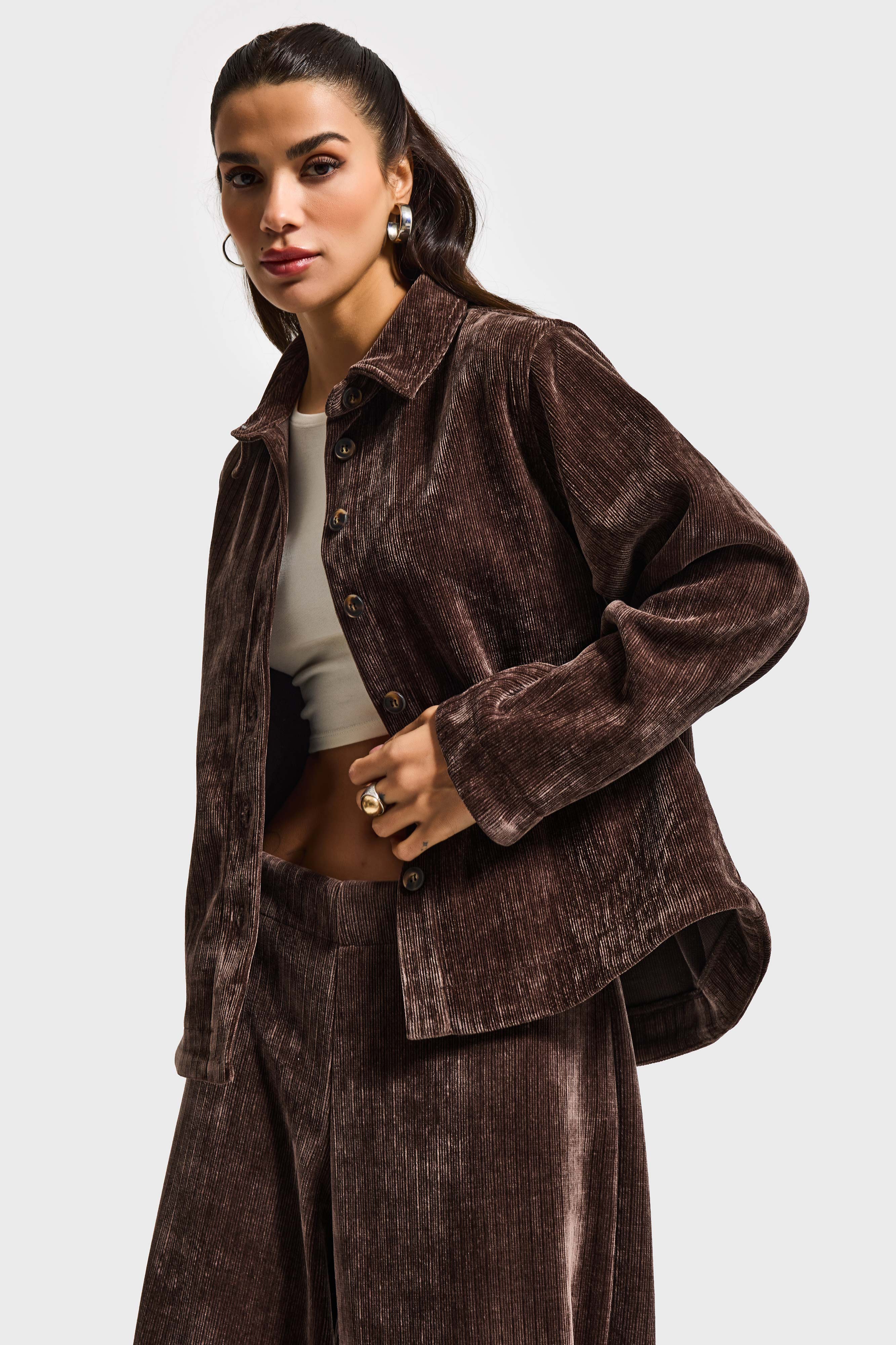 Kadın Kahverengi w5-16 Oversize Velvet Kadife Kumaş Ceket