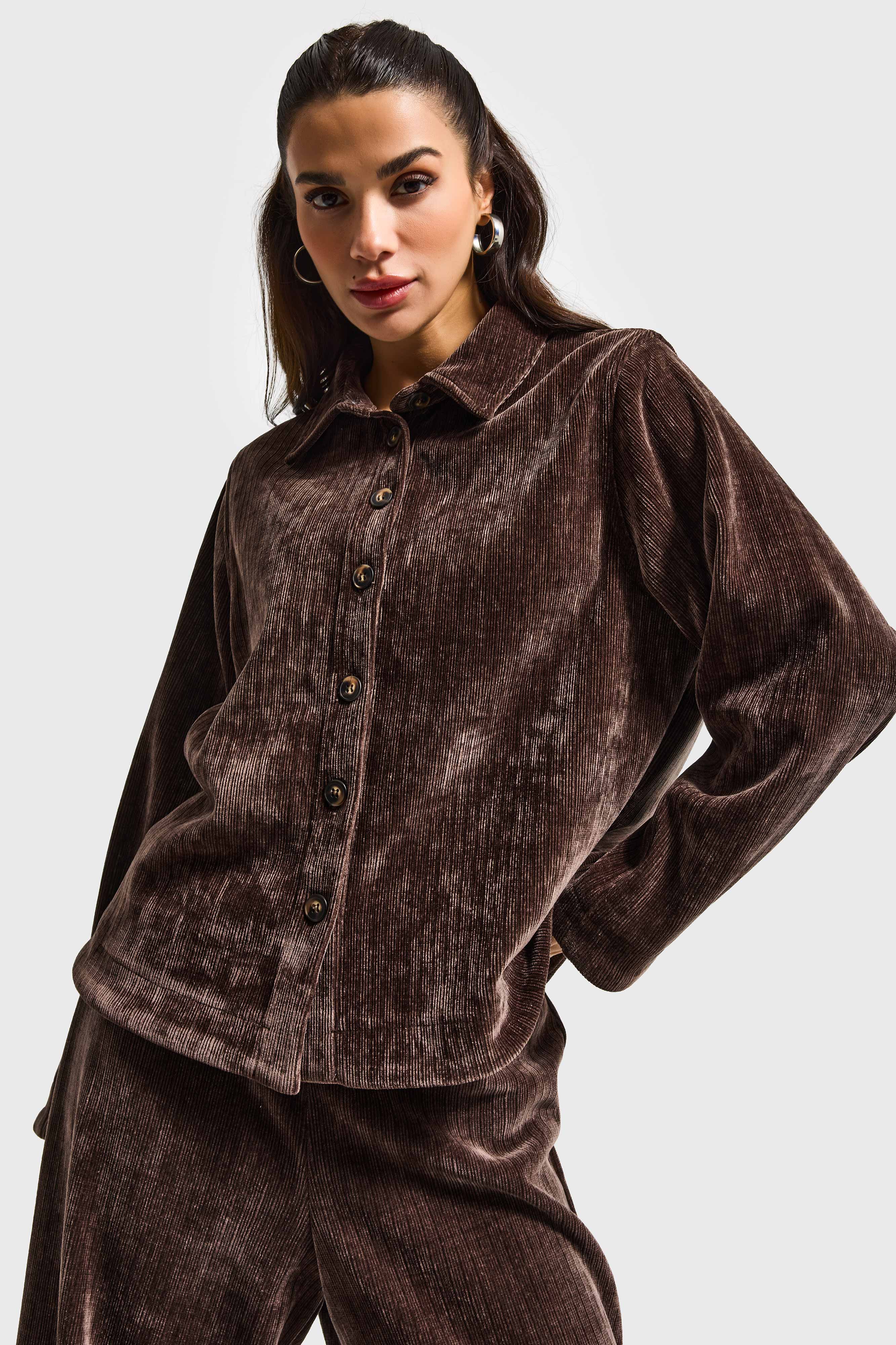 Kadın Kahverengi w5-16 Oversize Velvet Kadife Kumaş Ceket