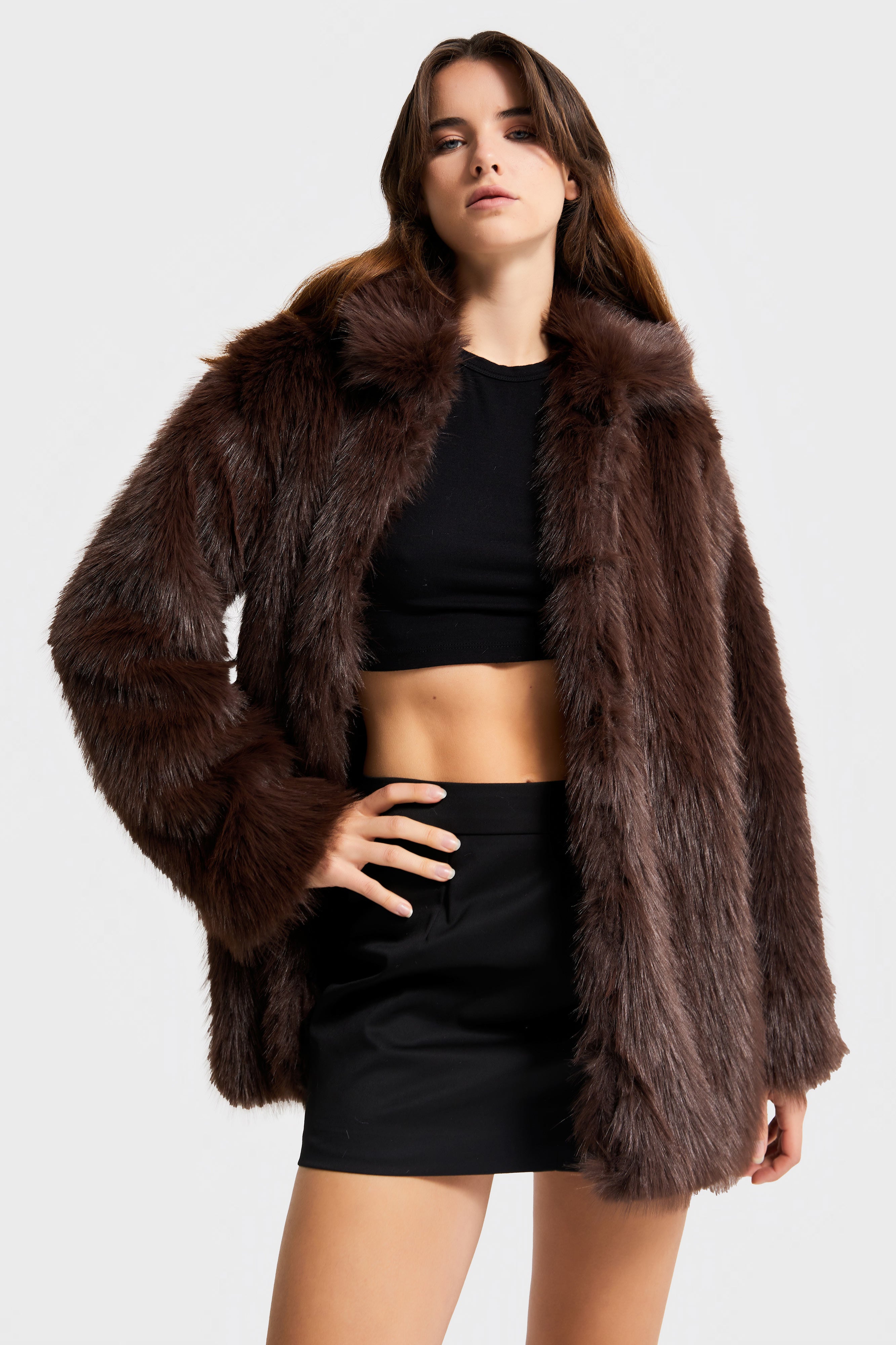 Kadın Kahverengi w5-16 Özel Kumaş Kürk Mont Kaban