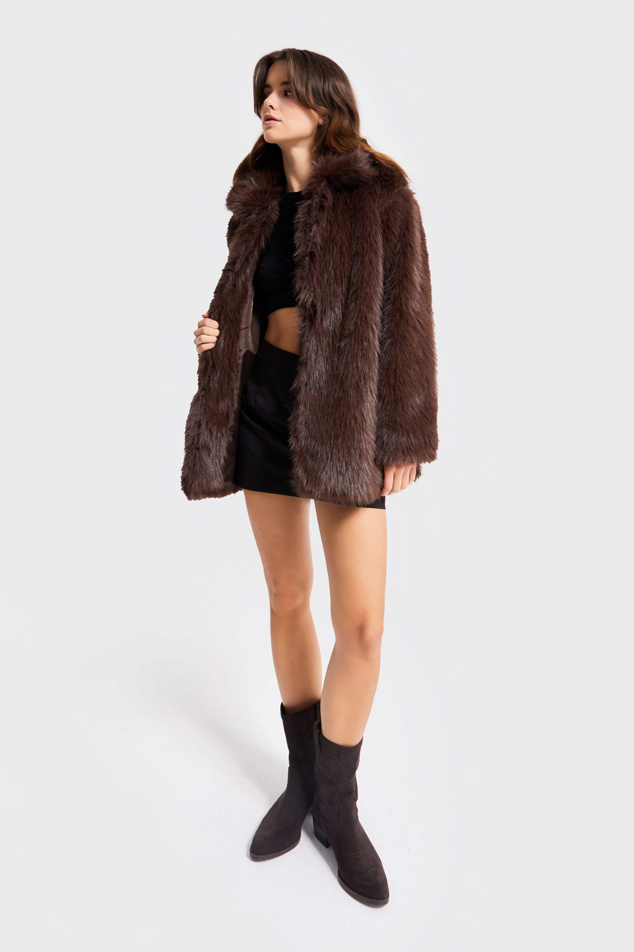 Kadın Kahverengi w5-16 Özel Kumaş Kürk Mont Kaban