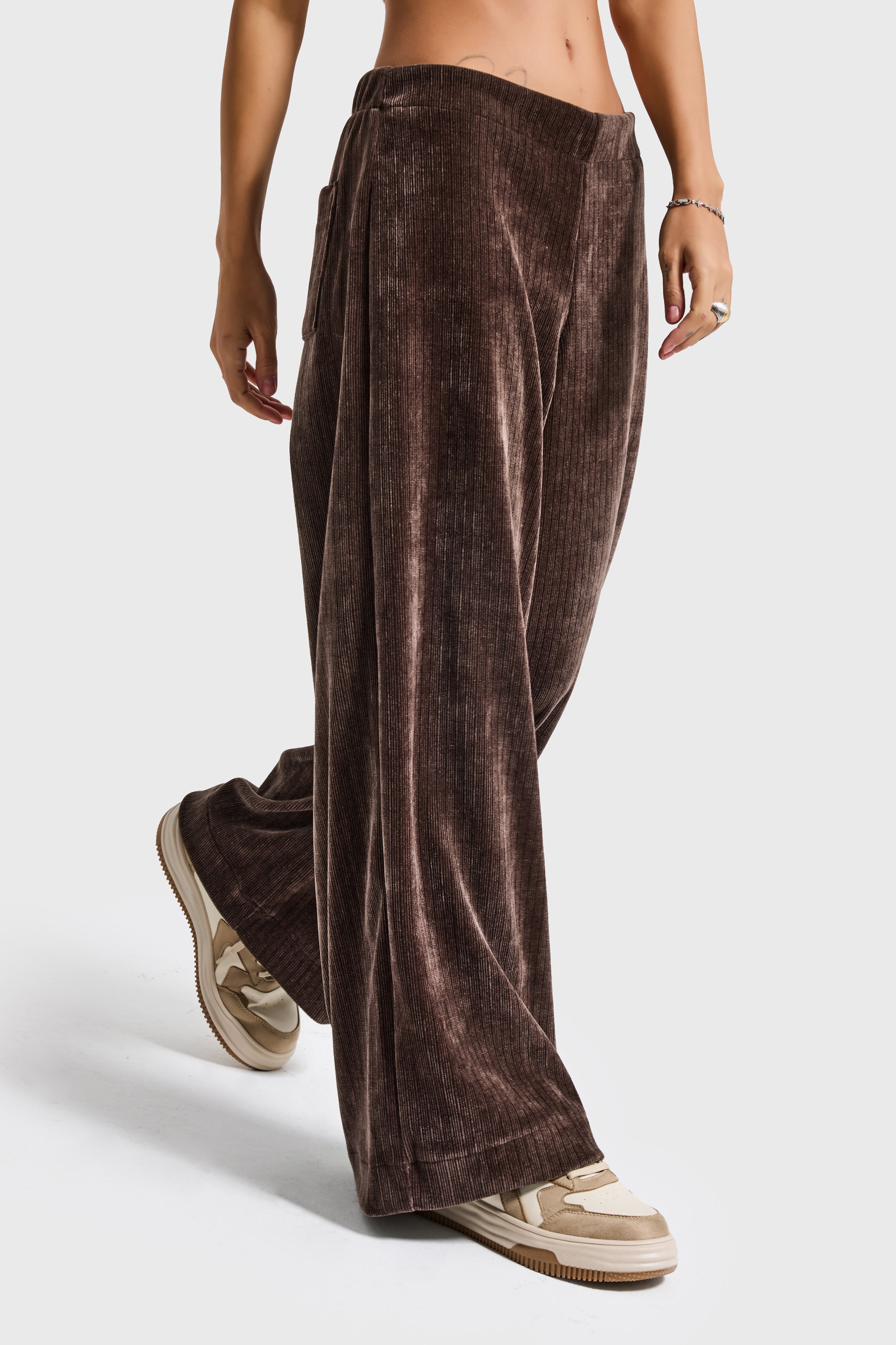 Kadın Kahverengi w5-16 Palazzo Fit Velvet Kadife Kumaş Pantolon