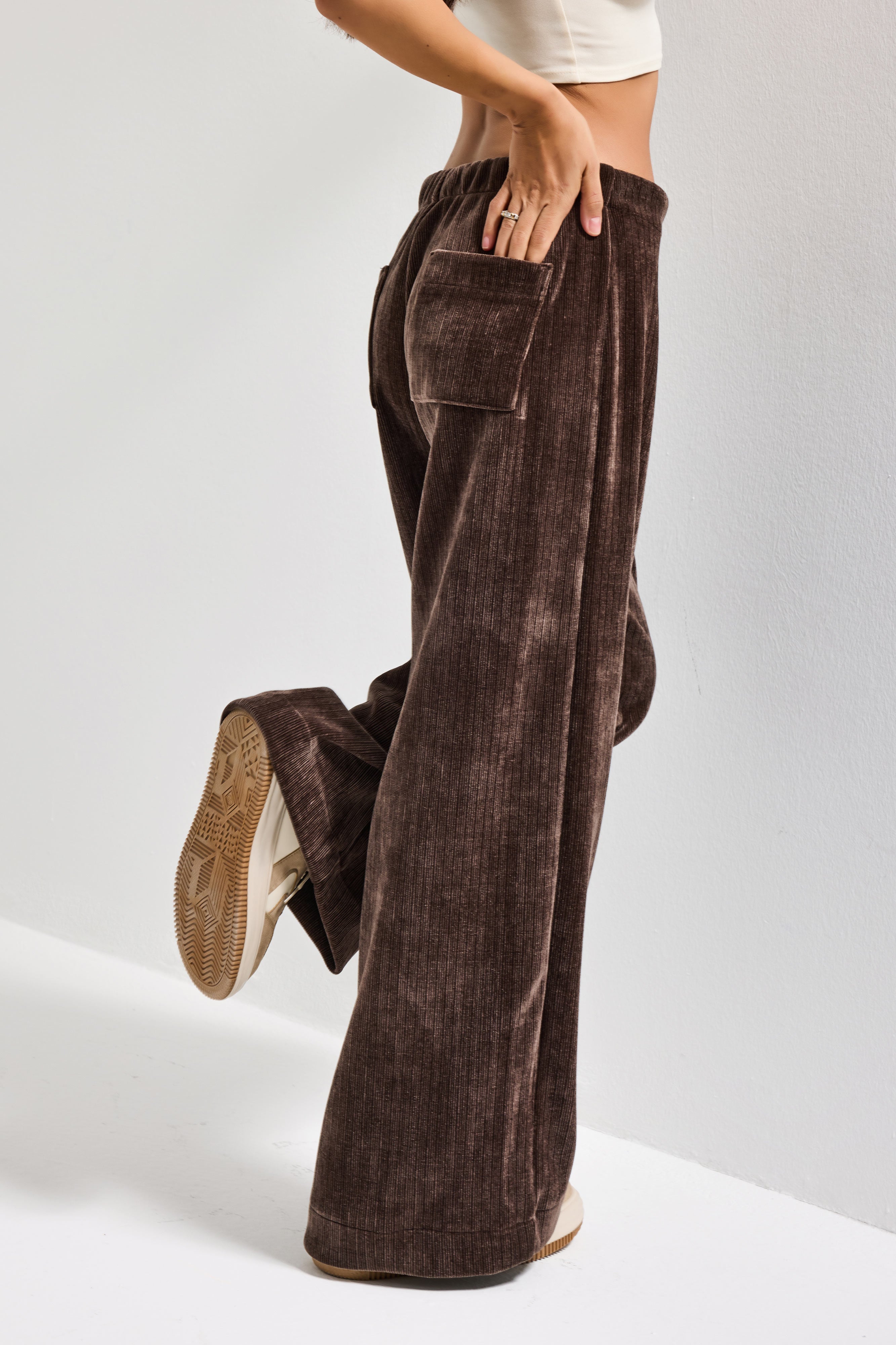 Kadın Kahverengi w5-16 Palazzo Fit Velvet Kadife Kumaş Pantolon