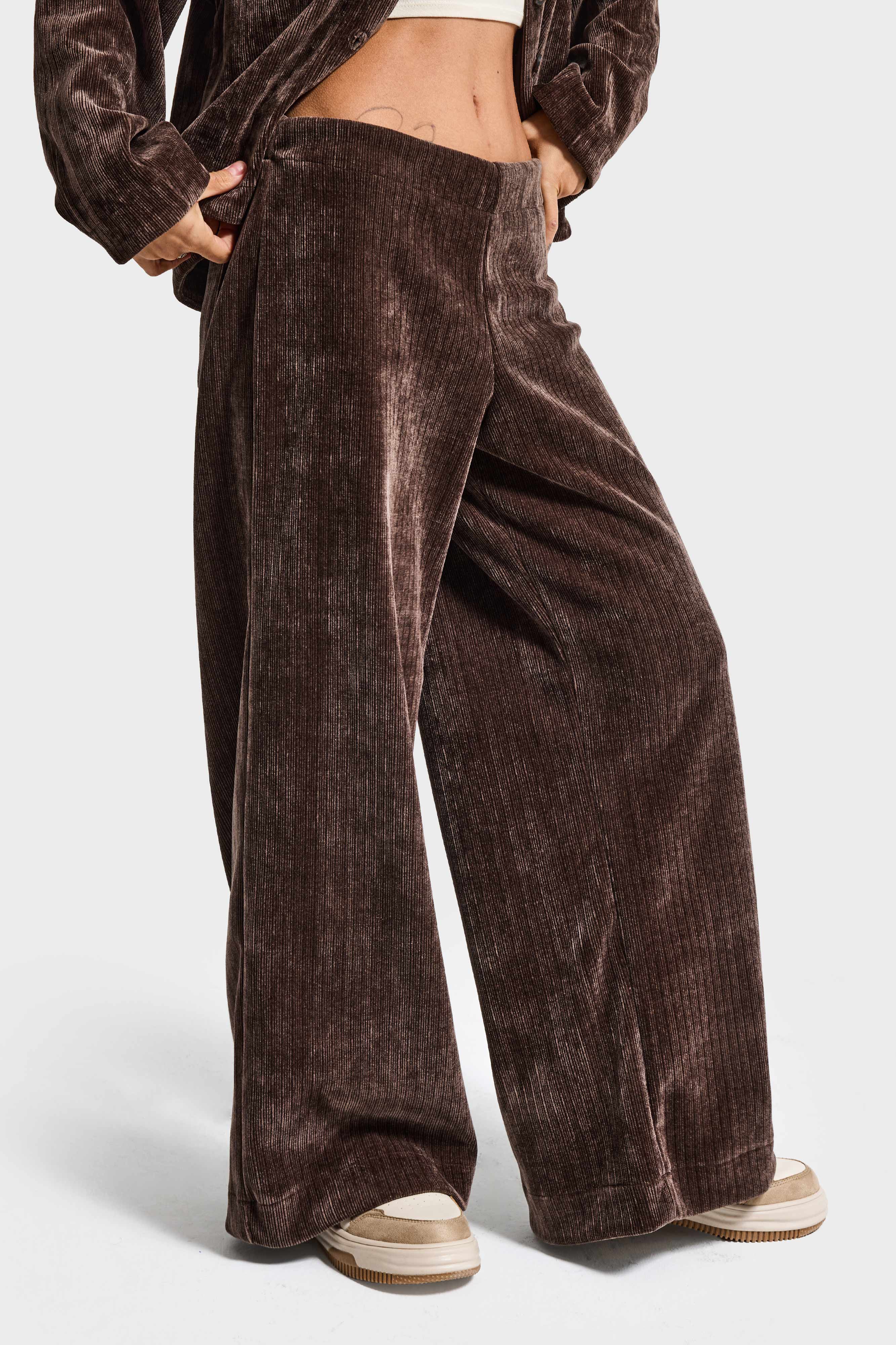 Kadın Kahverengi w5-16 Palazzo Fit Velvet Kadife Kumaş Pantolon