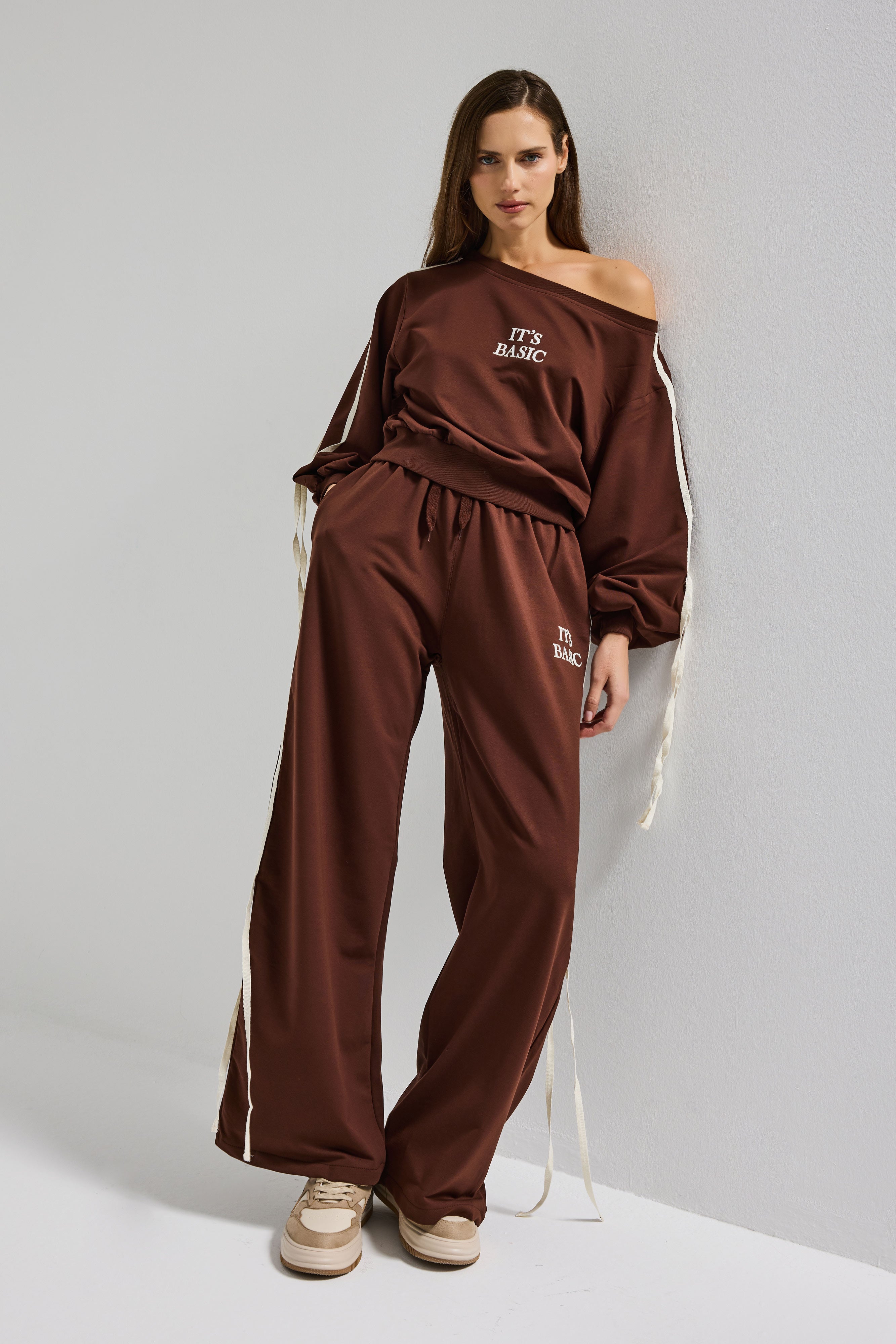 Kadın Kahverengi w5-16 Sweatshirt Eşofman Pantolon 2'li Alt Üst Tasarım Takım