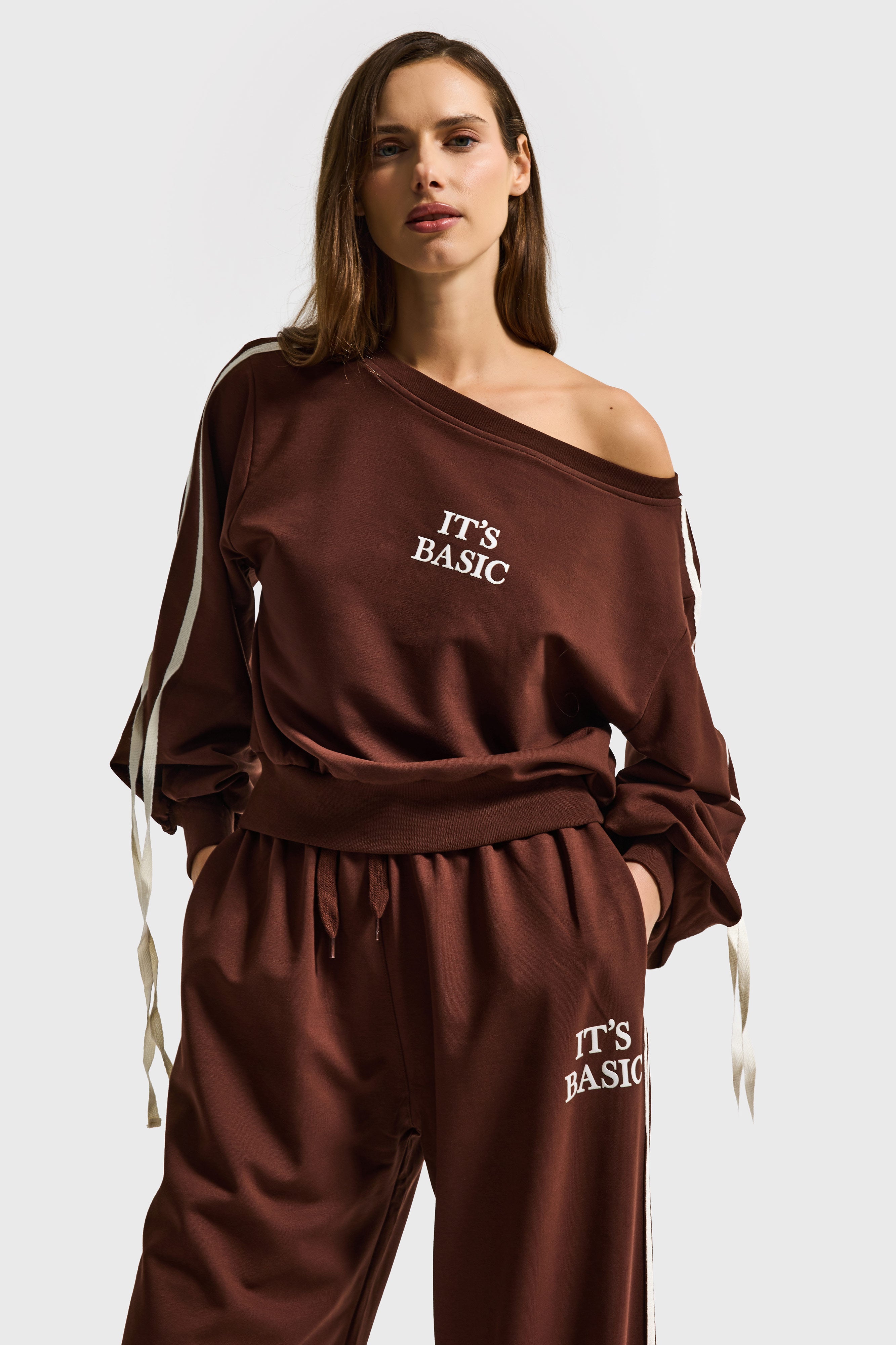 Kadın Kahverengi w5-16 Sweatshirt Eşofman Pantolon 2'li Alt Üst Tasarım Takım