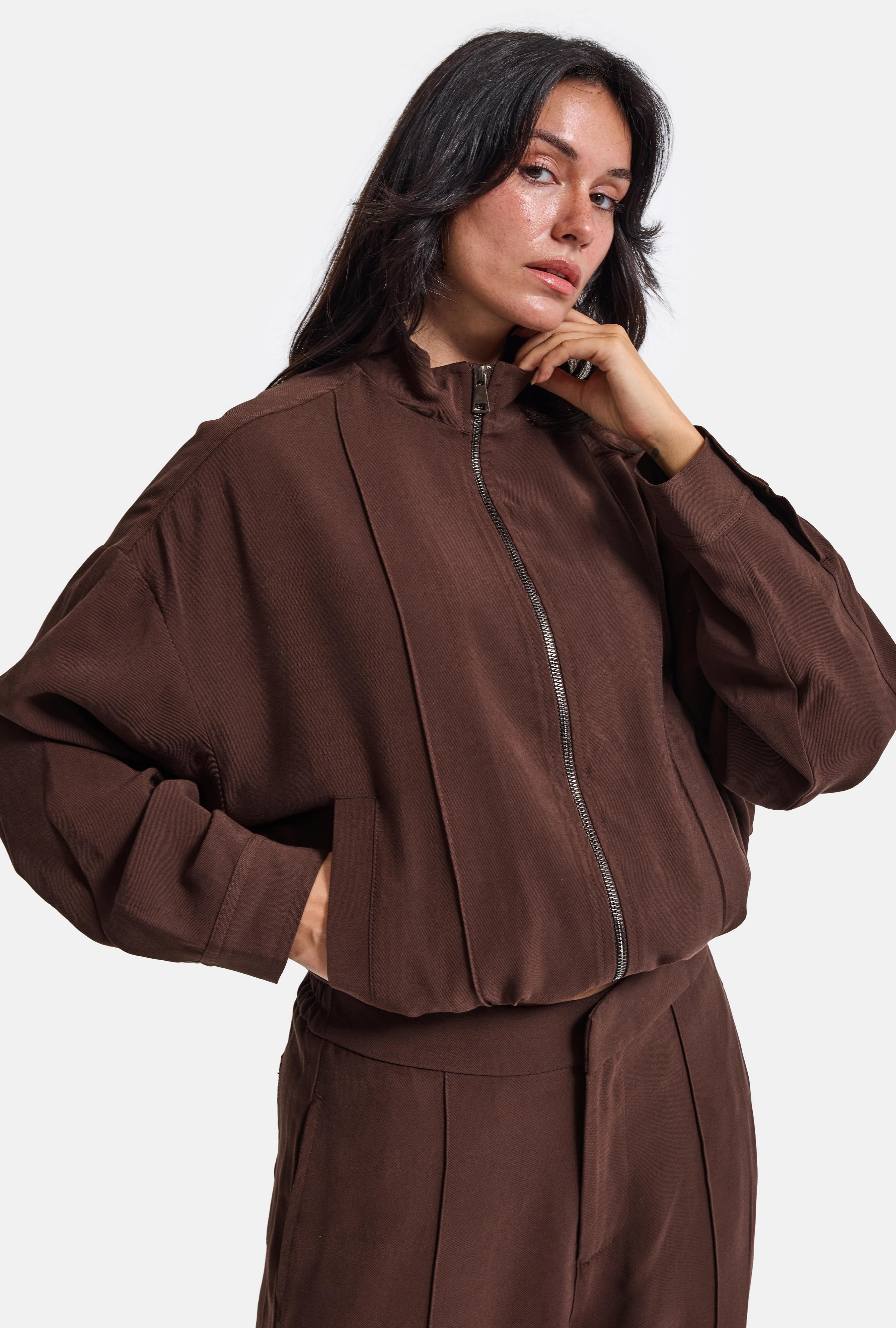 Kadın Kahverengi w6-16 Oversize Belden Ayarlanmalı Özel Viskon Pamuk Kumaş Ceket