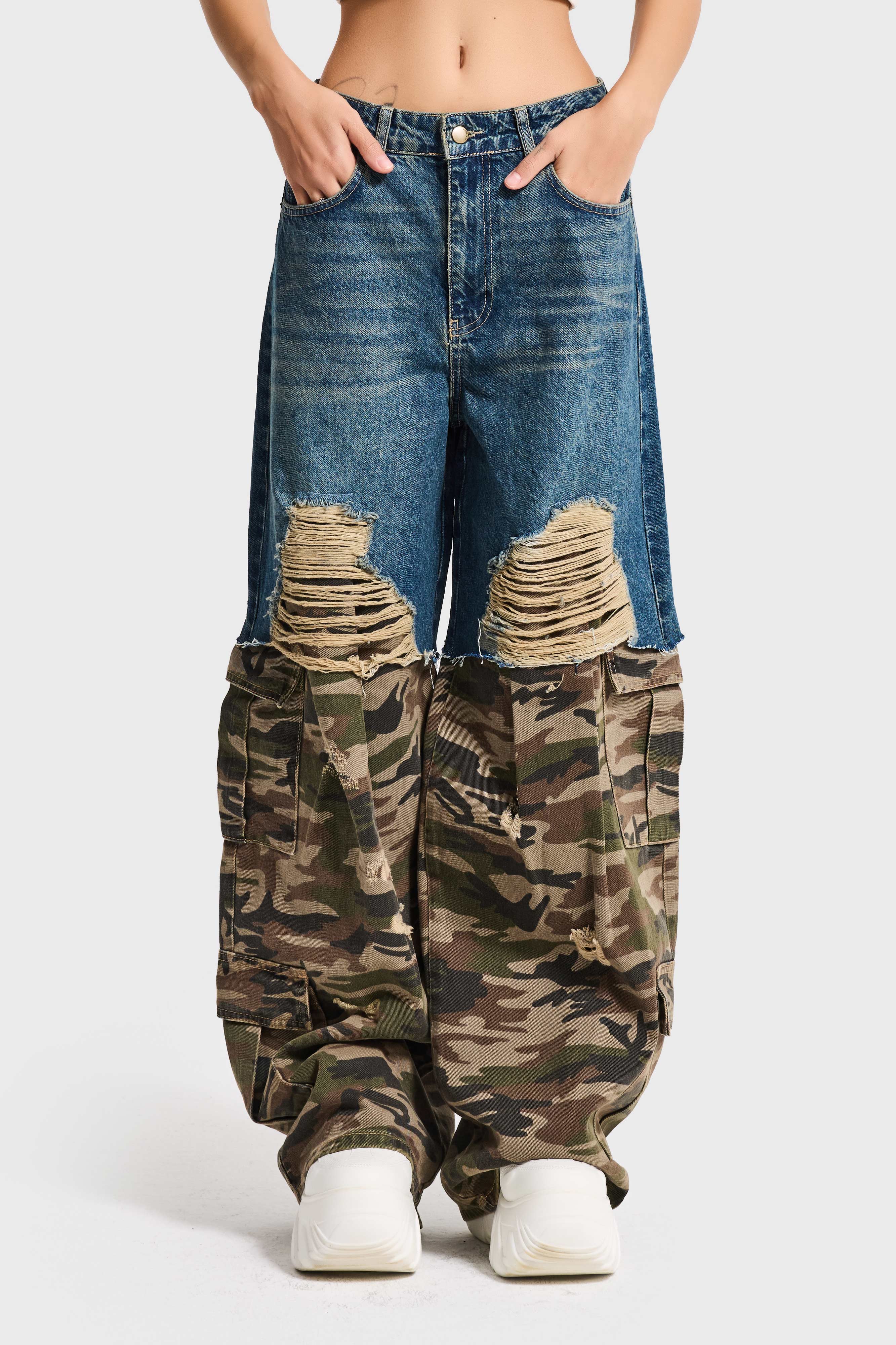 Kadın Kamuflaj 10s6-8 Süper Baggy Fit Özel Tasarım Denim Jean