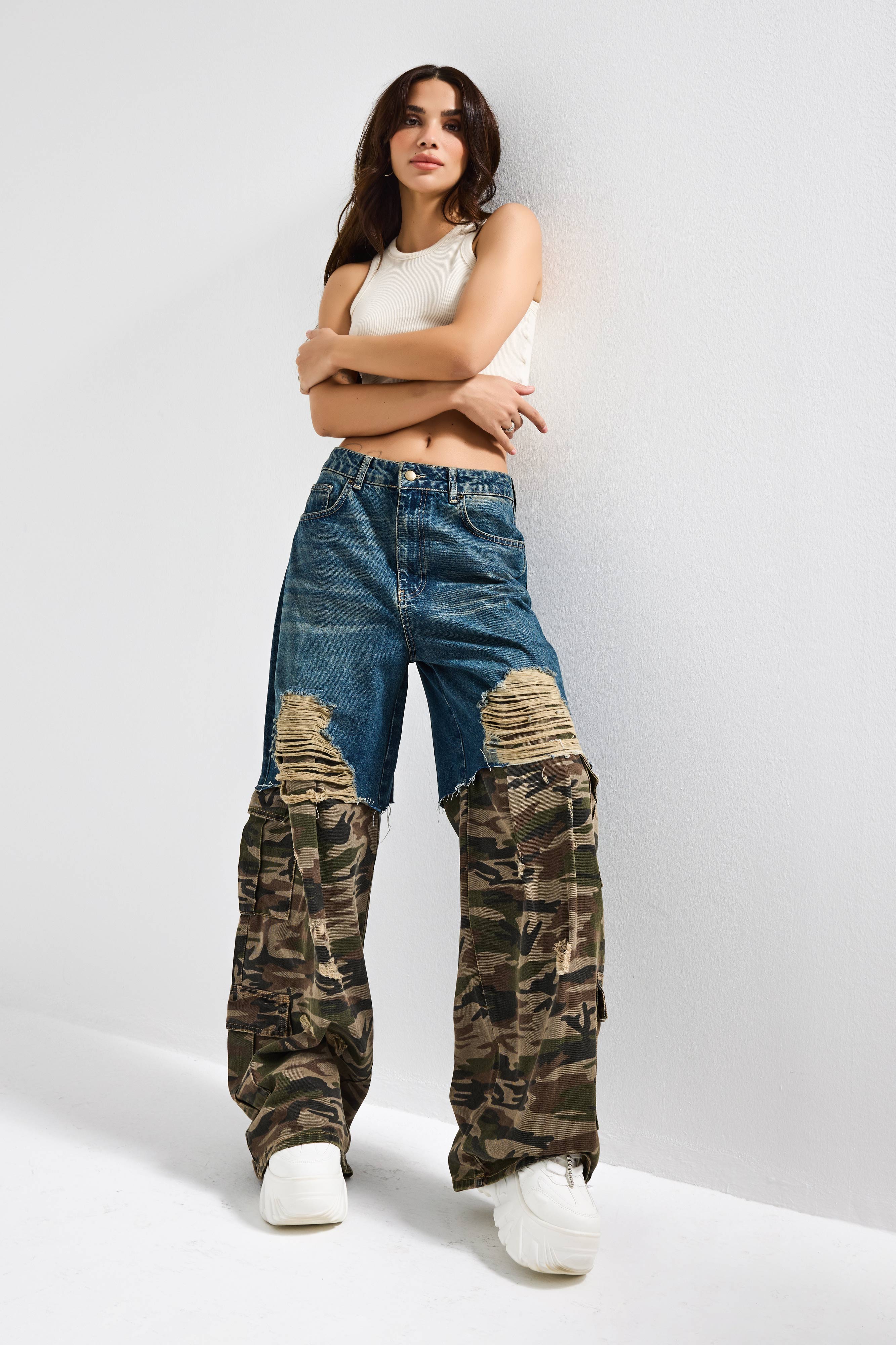 Kadın Kamuflaj 10s6-8 Süper Baggy Fit Özel Tasarım Denim Jean