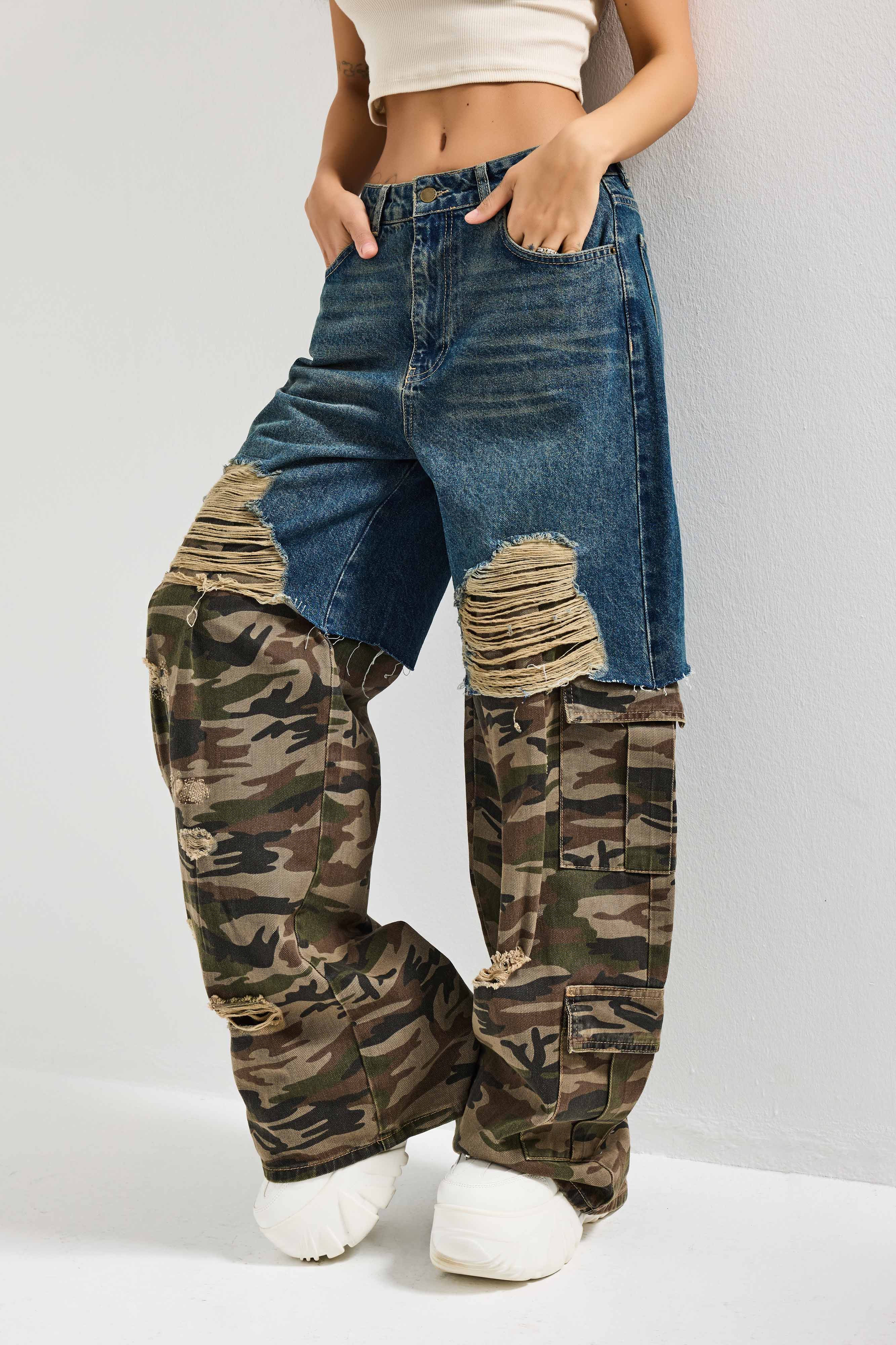 Kadın Kamuflaj 10s6-8 Süper Baggy Fit Özel Tasarım Denim Jean