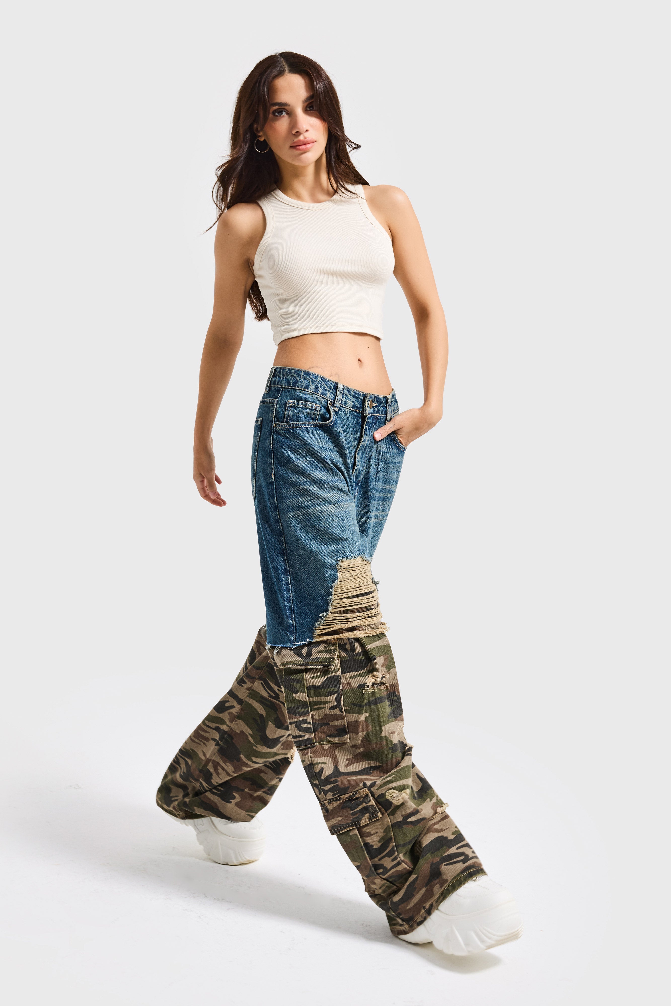 Kadın Kamuflaj 10s6-8 Süper Baggy Fit Özel Tasarım Denim Jean