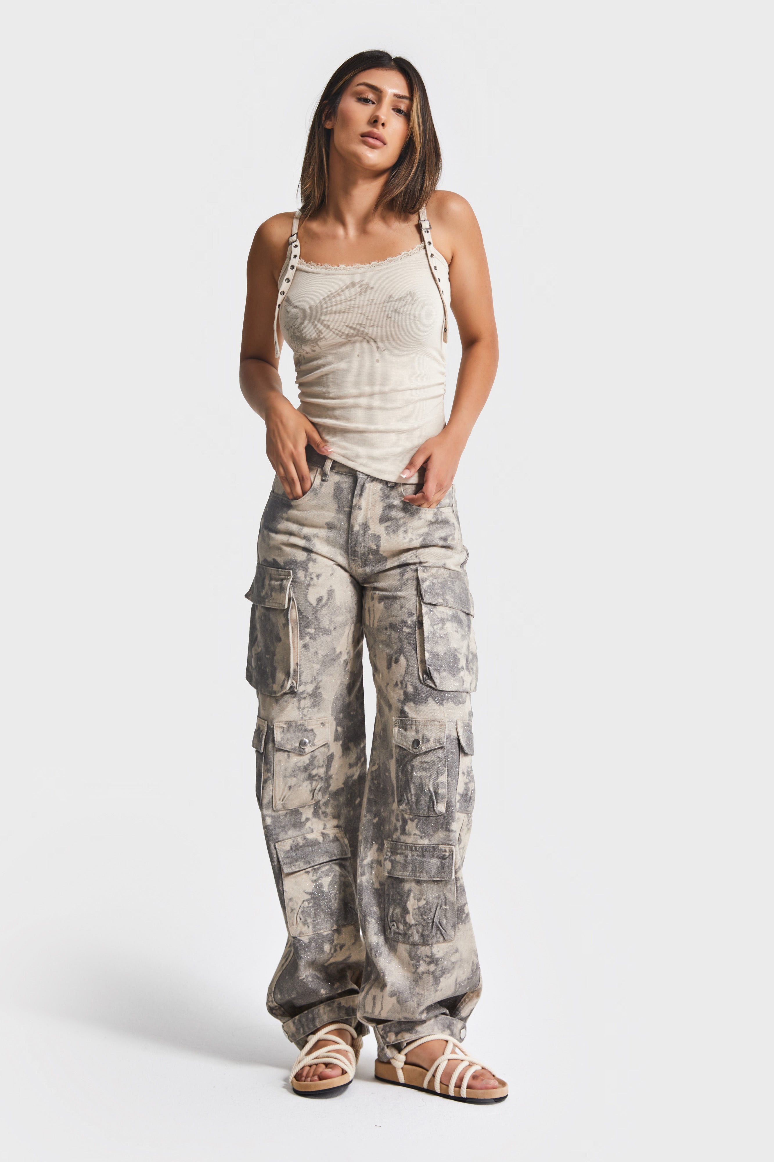 Kadın Kamuflaj Renk 7w5-28 Straight Kargo Fit Simli Özel Kumaş Tasarım Denim Jean