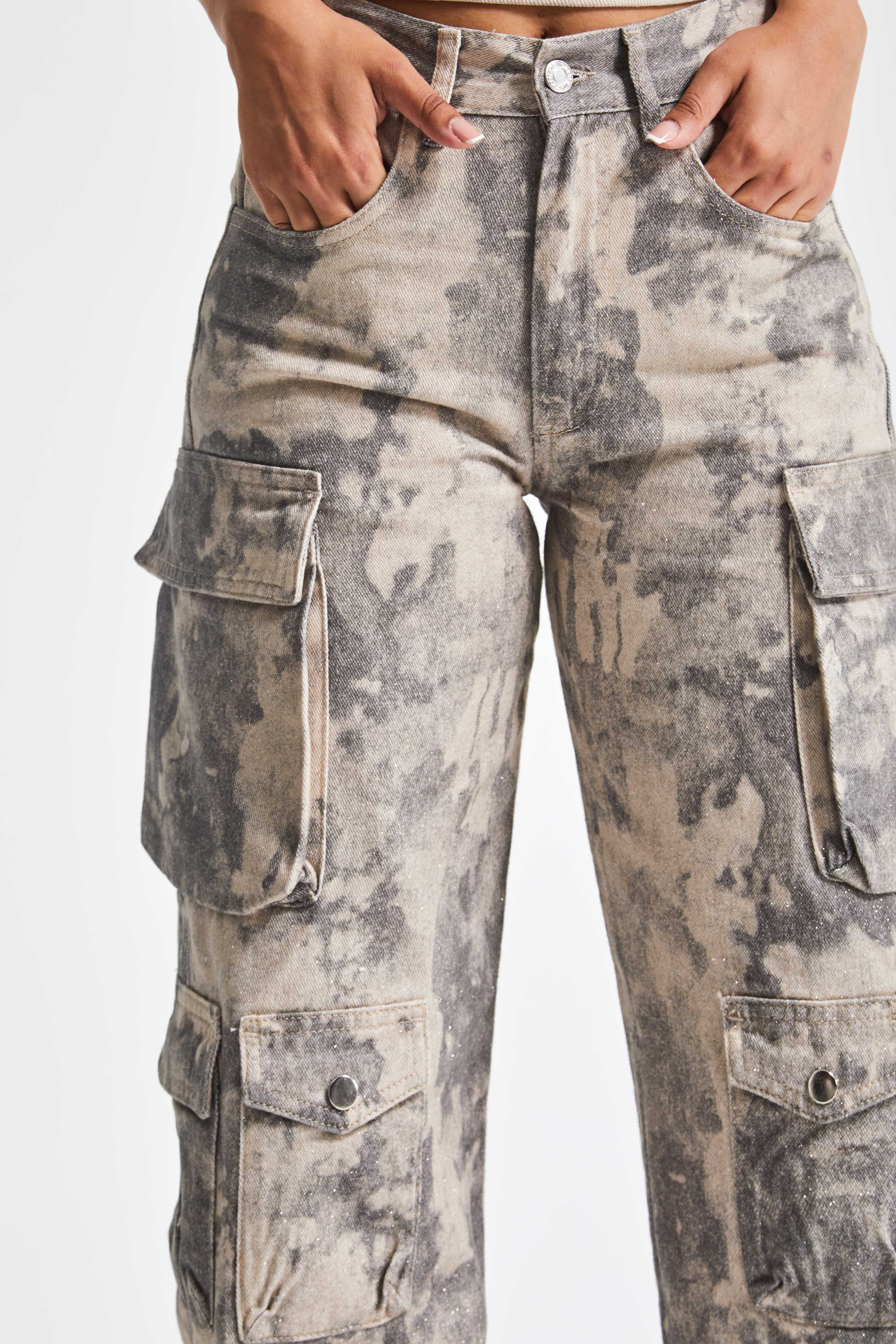 Kadın Kamuflaj Renk 7w5-28 Straight Kargo Fit Simli Özel Kumaş Tasarım Denim Jean
