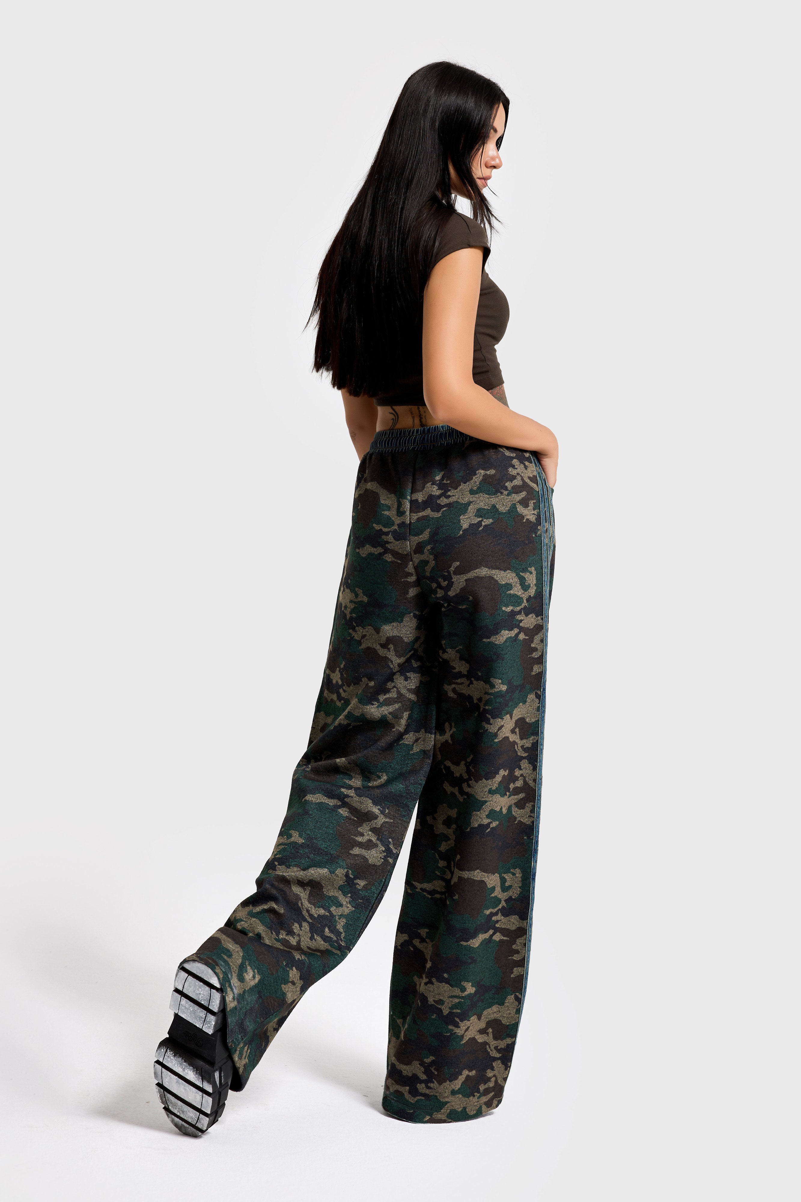 Women's Camouflage Print Palazzo Fit Pants with Striped Details, Custom Design
