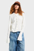 Women's Bone-Colored w5-101 Viscose Blend Knit Cardigan with Flounce Sleeves, Front Pockets, and Buttons